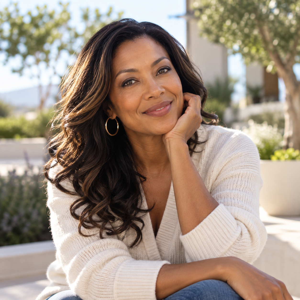 Middle-aged Black woman smiling outdoors in natural sunlight