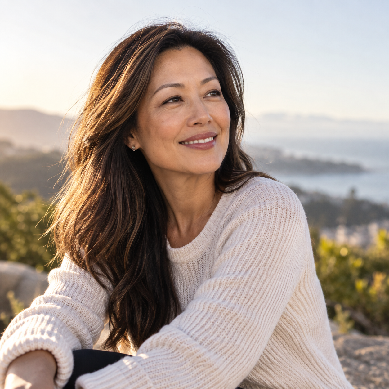 Middle-aged Asian woman enjoying a peaceful moment outdoors