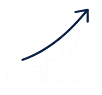 A bar chart with five vertical bars of increasing height from left to right, topped with an upward-sloping arrow indicating growth or increase.