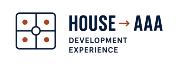 Logo with a blue house outline and red circles inside, followed by text 'HOUSE' with an arrow pointing to 'AAA', and below in smaller text, 'DEVELOPMENT EXPERIENCE'.
