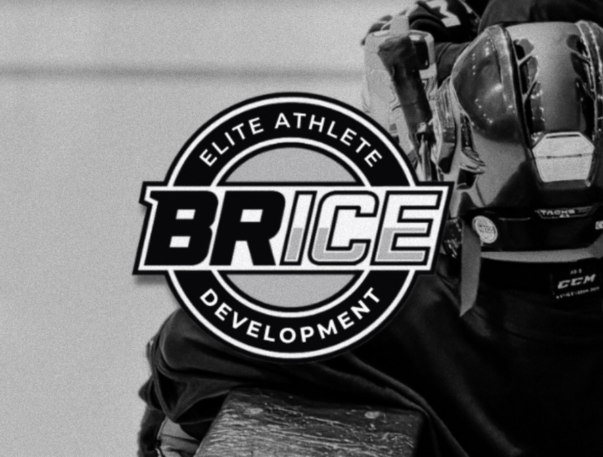 Black and white photo of a hockey player wearing a helmet, jersey, and gloves, with a logo that says Elite Athlete Brice Development.