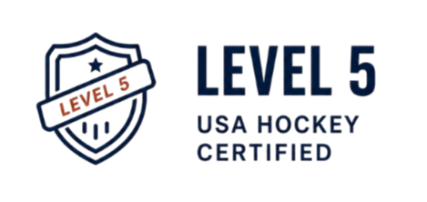Level 5 USA Hockey Certified badge with a shield logo on the left and text indicating certification level.
