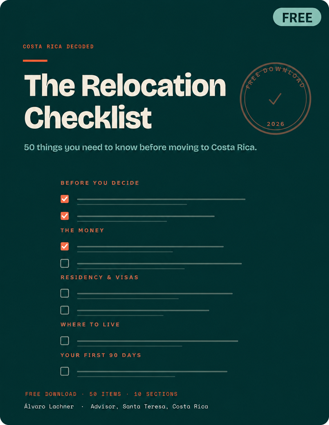 Free Costa Rica Decoded Relocation Checklist — a one-page PDF outlining the steps to take before moving to Costa Rica