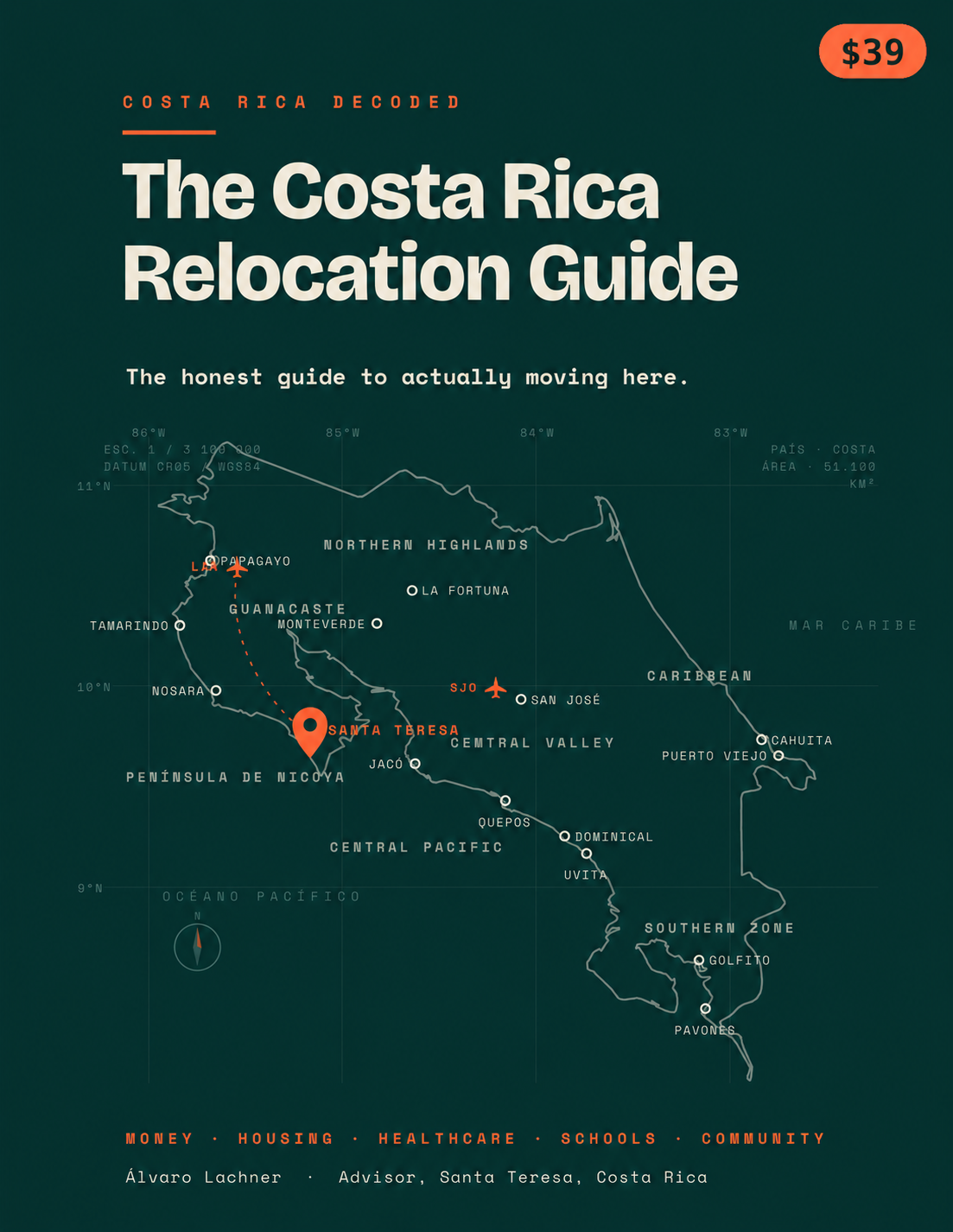 Mapa de Costa Rica con regiones y ciudades, incluyendo Santa Teresa, Santa Ana, San José, Guanacaste y Puerto Viejo.