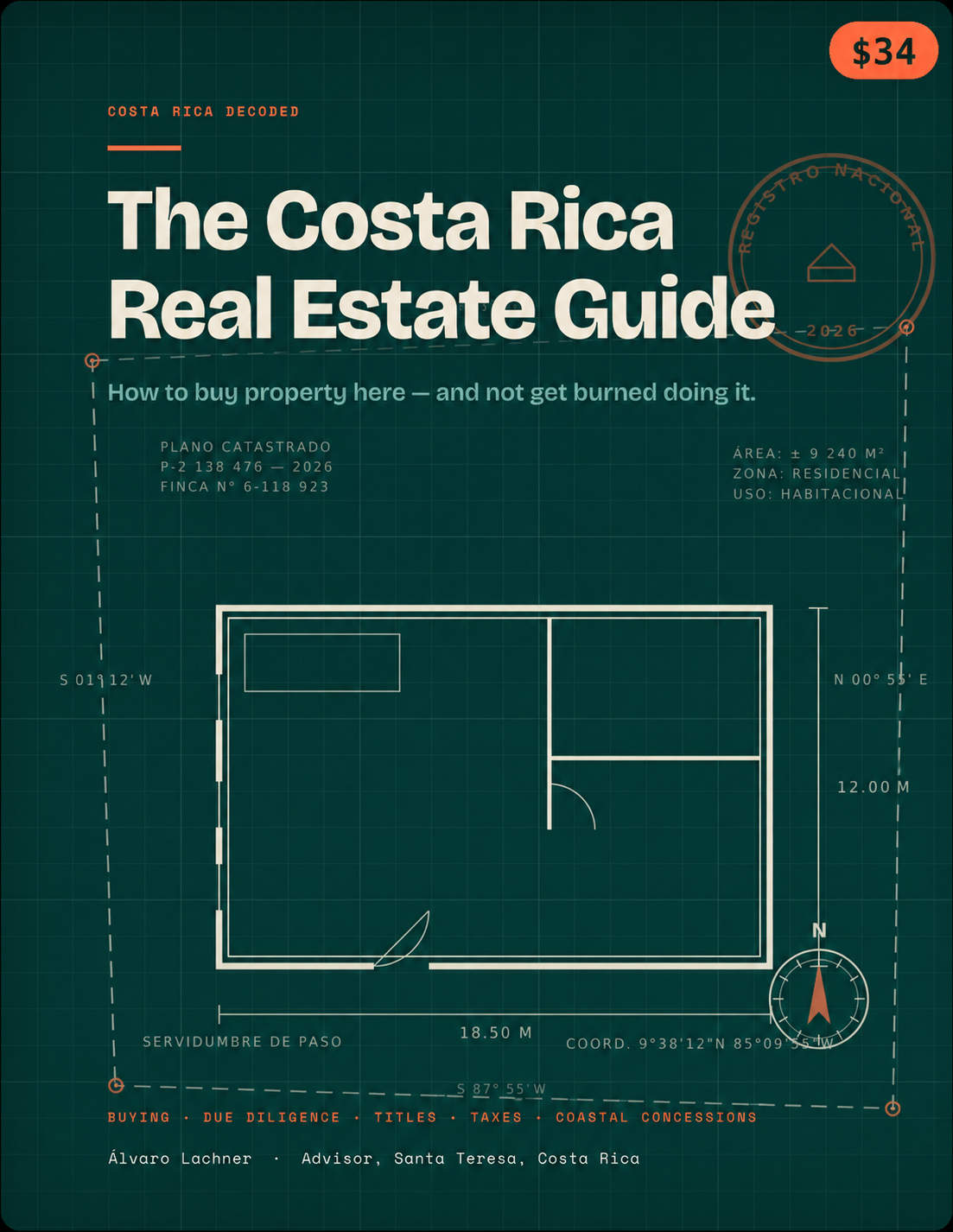 Portada de una guía inmobiliaria de Costa Rica con plano de una propiedad, detalles de ubicación y precio de 34 dólares.