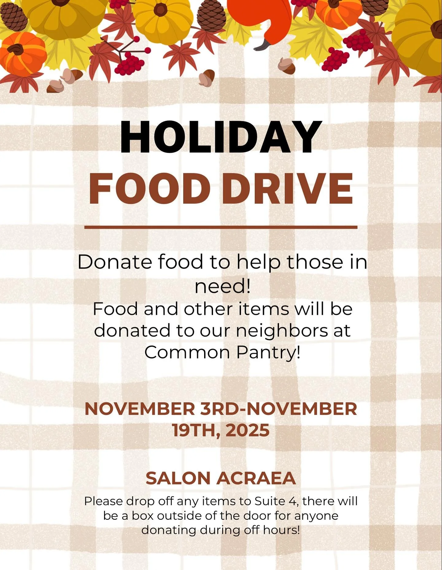 📣 Holiday Food Drive Alert! 🥫✨

With SNAP benefits being suspended November 1st, many families in our community are struggling to put food on the table &mdash; especially as the holidays approach. 

We&rsquo;re stepping up to help, and we need YOU 