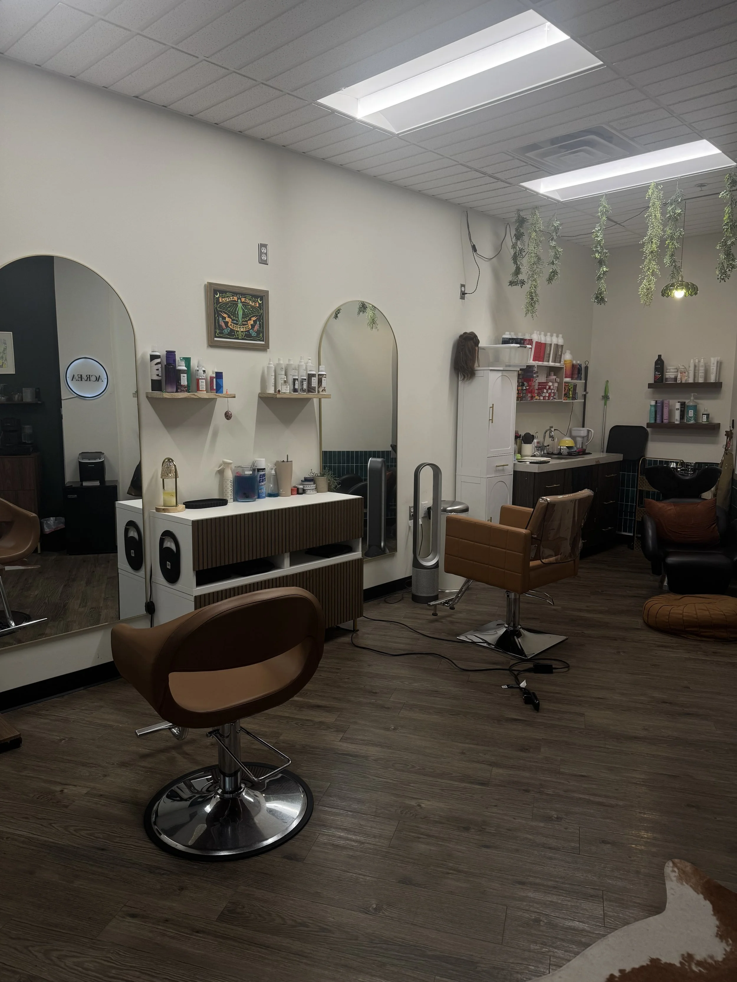 Inside a hair salon with stations including mirrors, salon chairs, shelves with hair products, and a hairdryer, illuminated by ceiling lights and skylights.