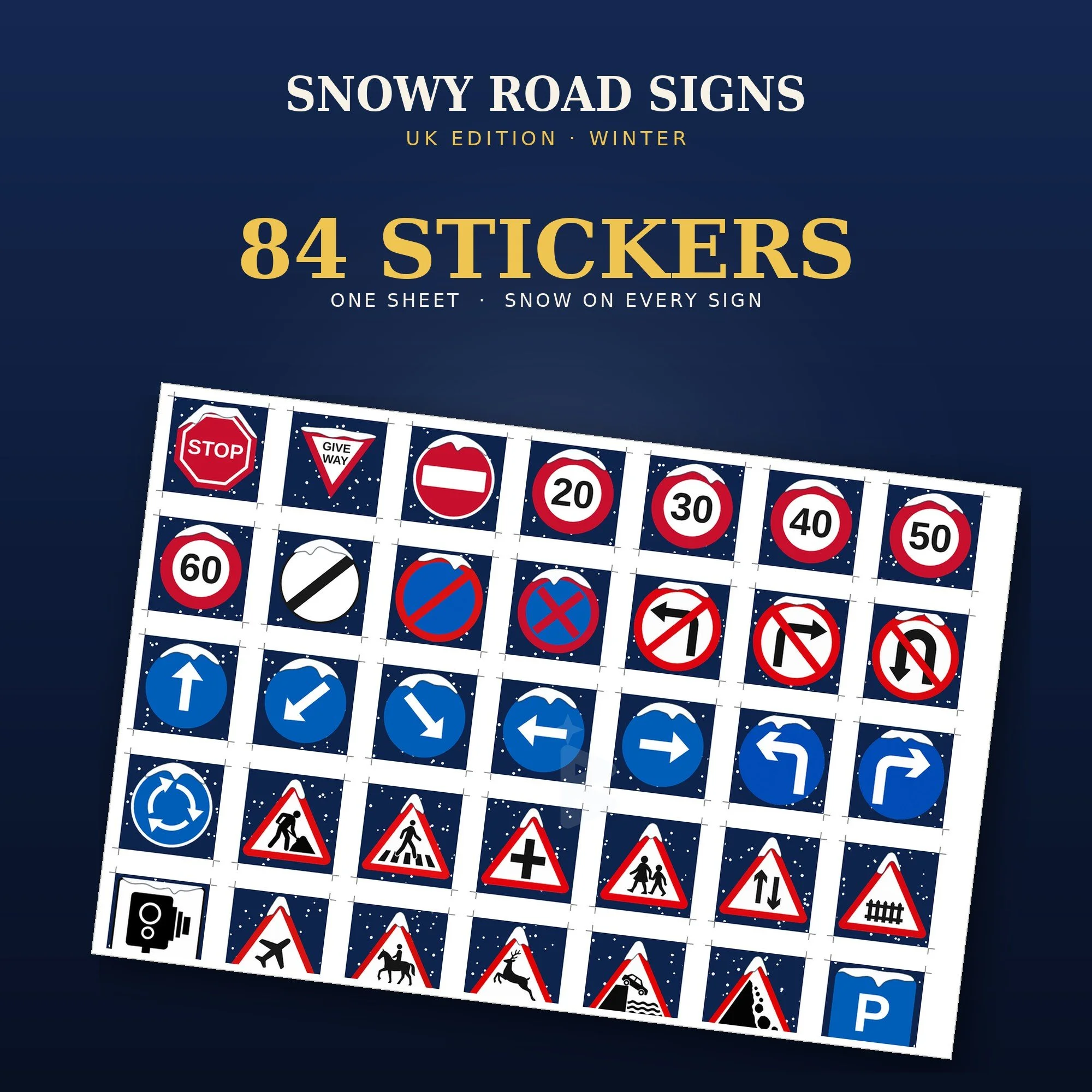 Snowy Road Signs UK Edition: 84 British road signs with snow on top, on a winter night background with falling snow.