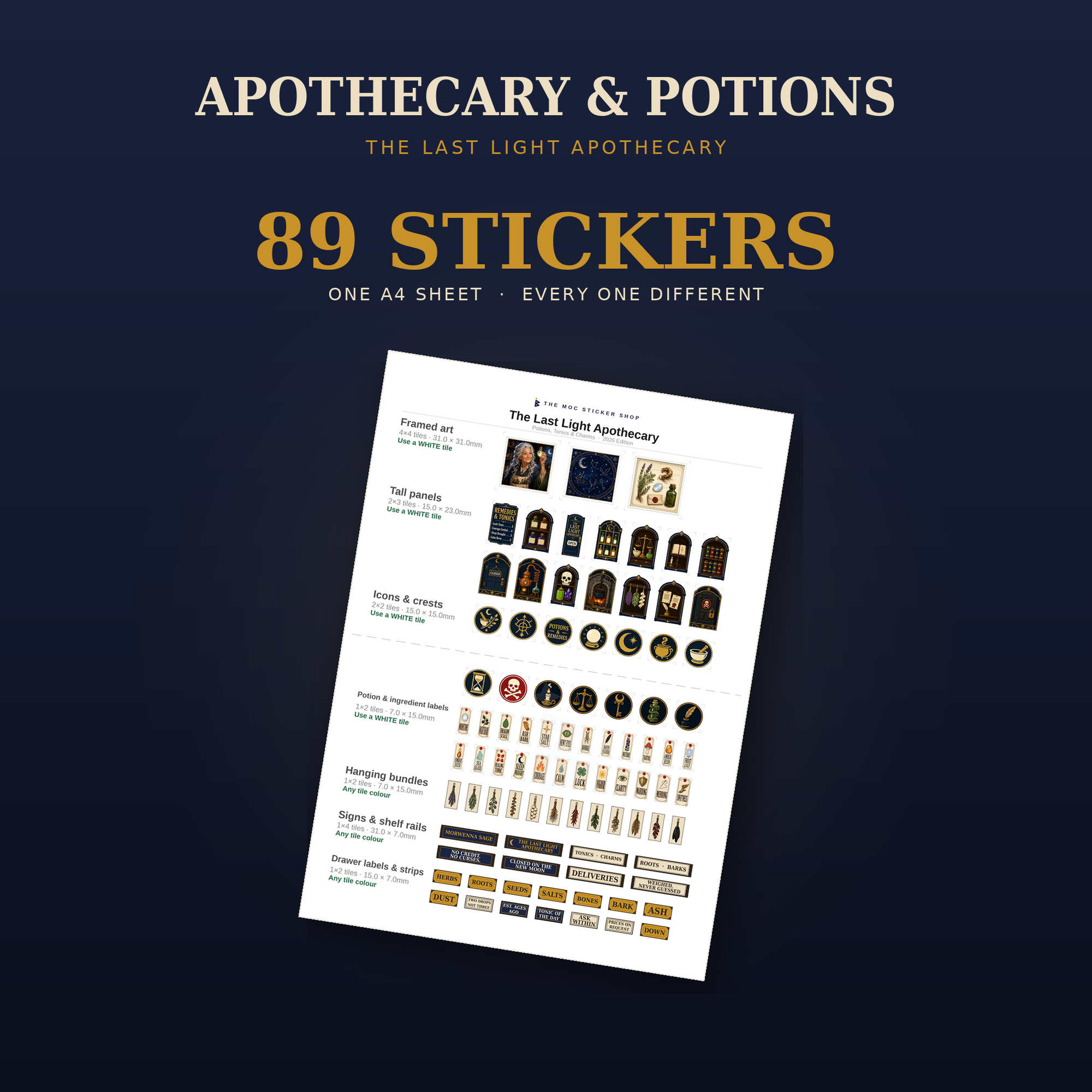 The Last Light Apothecary sticker sheet: 89 LEGO potion labels and shop signs on one A4 vinyl sheet, every one different