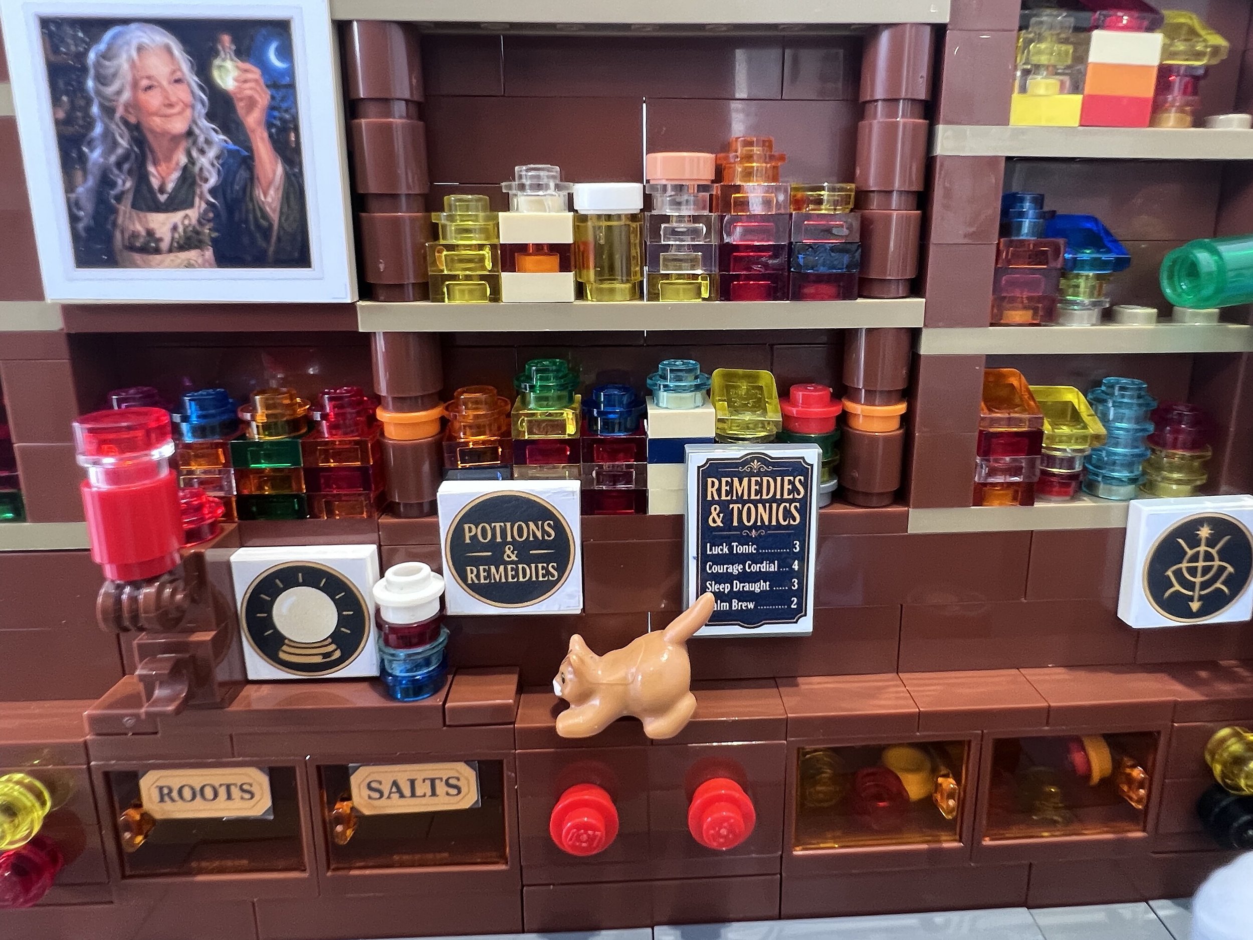 LEGO apothecary shelf wall with potion labels, a Potions and Remedies roundel and a Remedies and Tonics price board