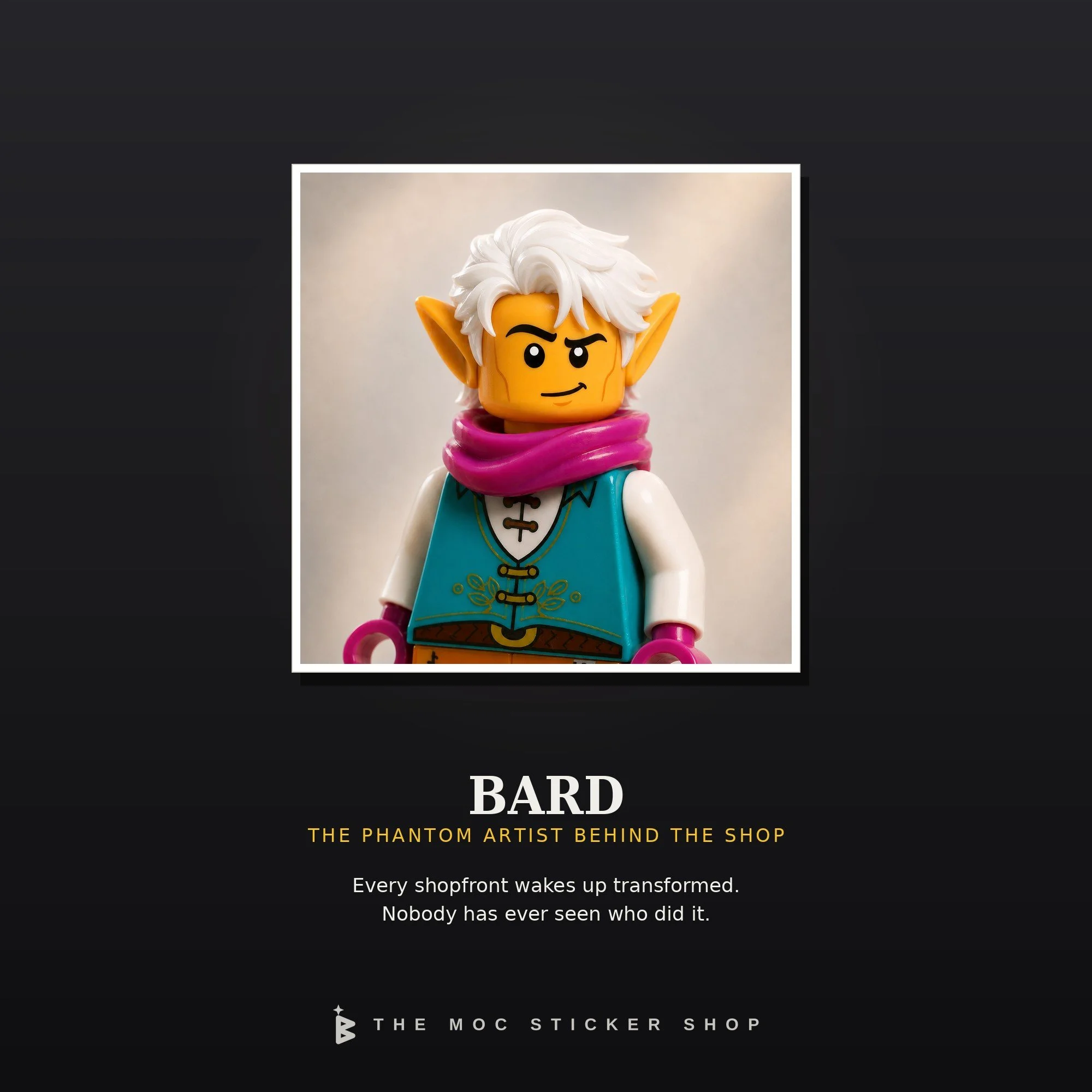 Bard, the phantom artist behind The MOC Sticker Shop, a minifigure with white hair, pointed ears and a magenta scarf.