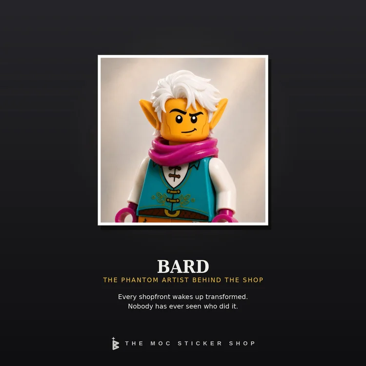 Bard, the phantom artist behind The MOC Sticker Shop, as a LEGO minifigure