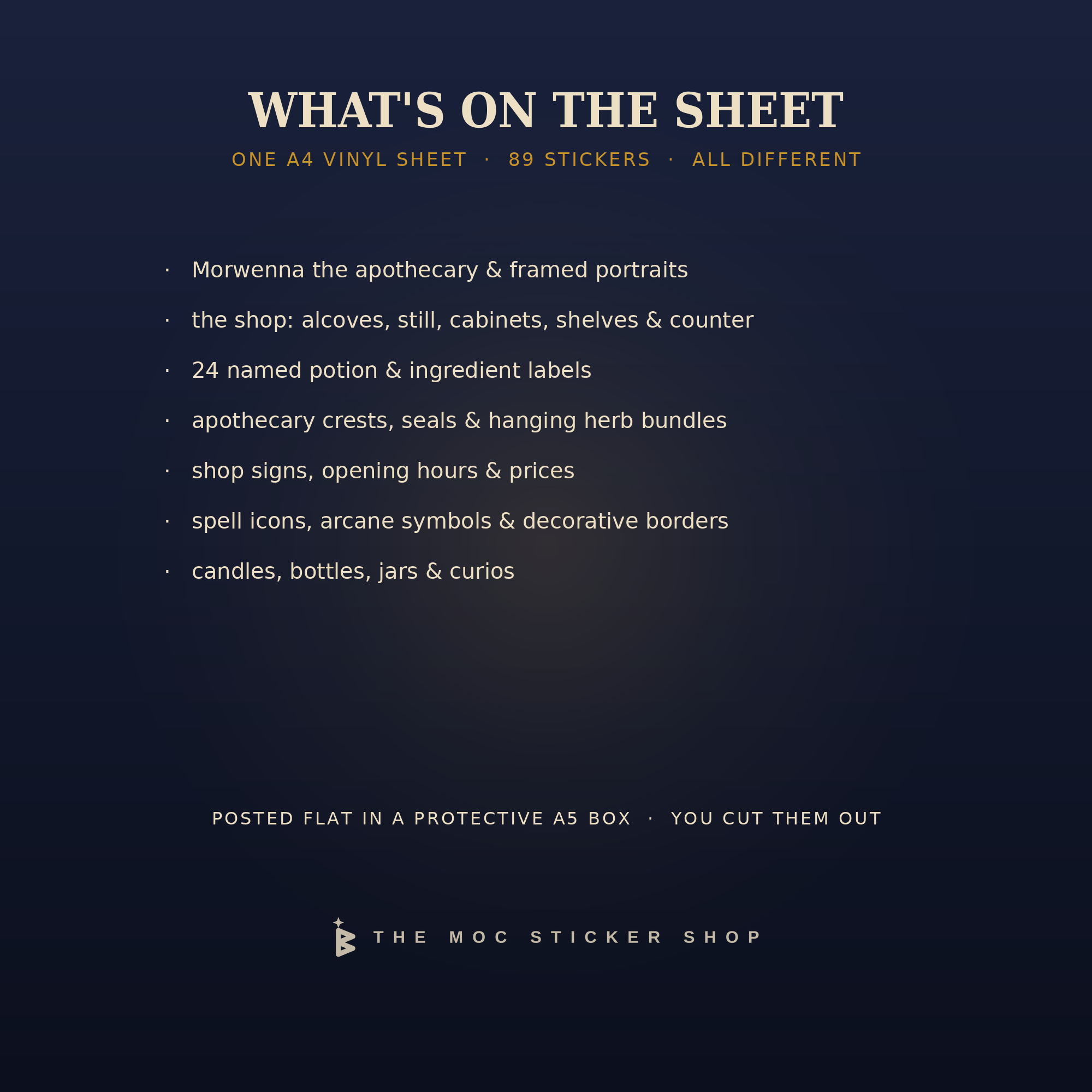 What is on the sheet: 24 potion and ingredient labels, alcove panels, shop signs, apothecary crests and spell icons