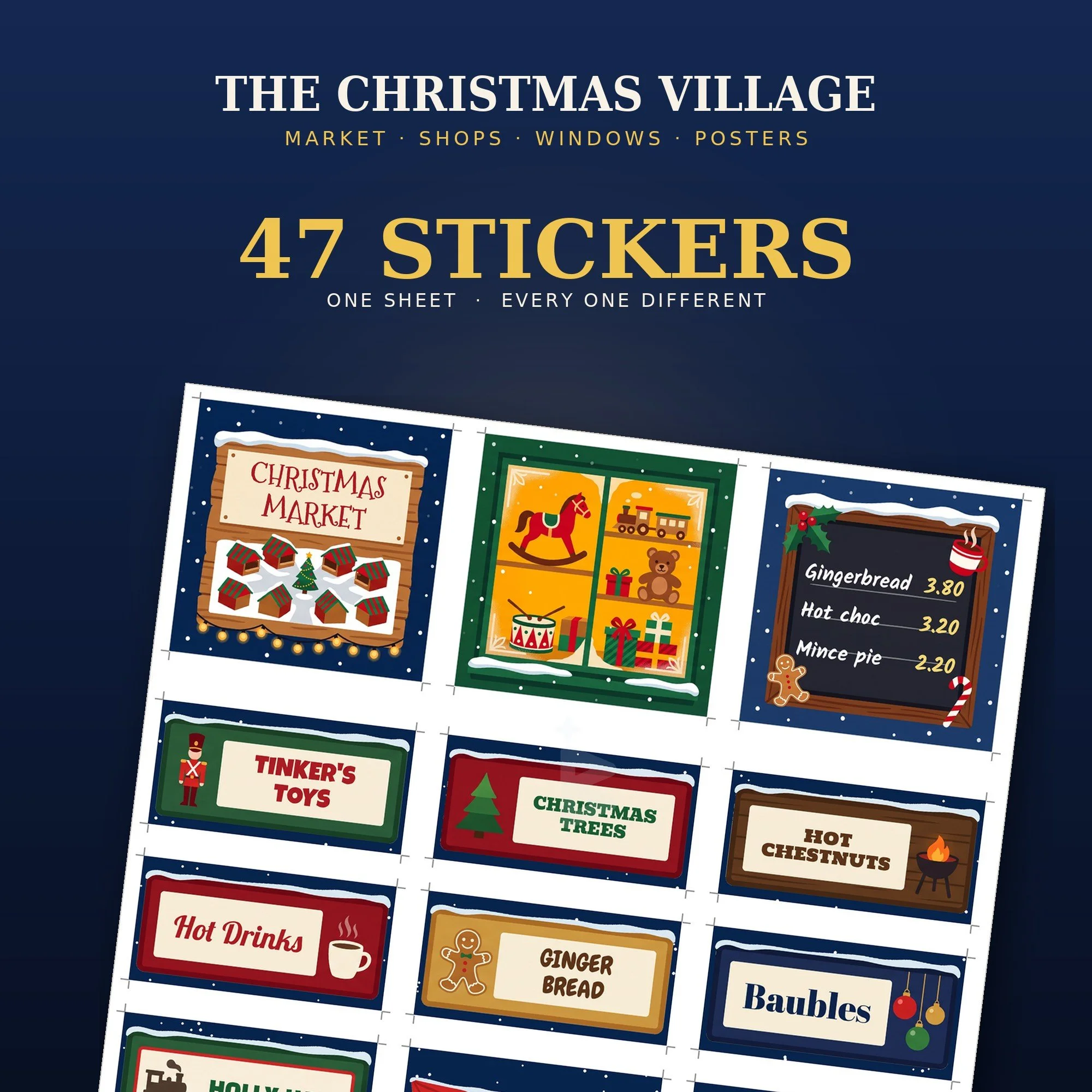 The Christmas Village sticker sheet for LEGO tiles, 47 festive designs including a Christmas market board, a toy shop window, a cafe menu and nine shop signs.