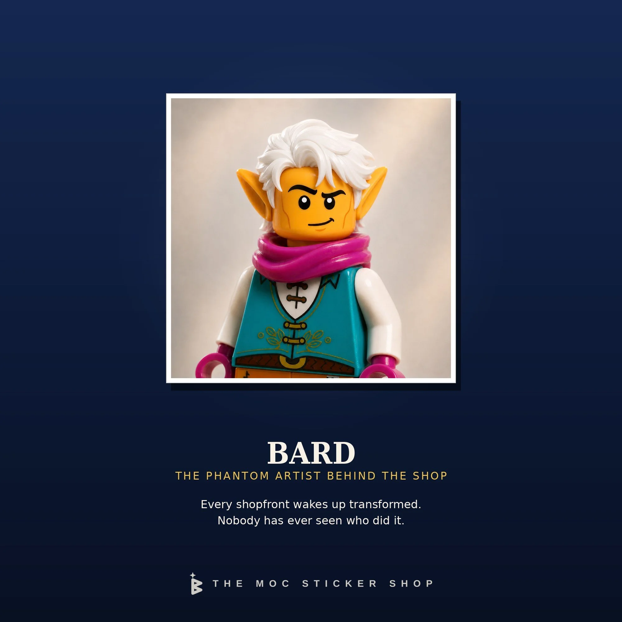 Bard, the phantom artist behind The MOC Sticker Shop, a minifigure with white hair, pointed ears and a magenta scarf.