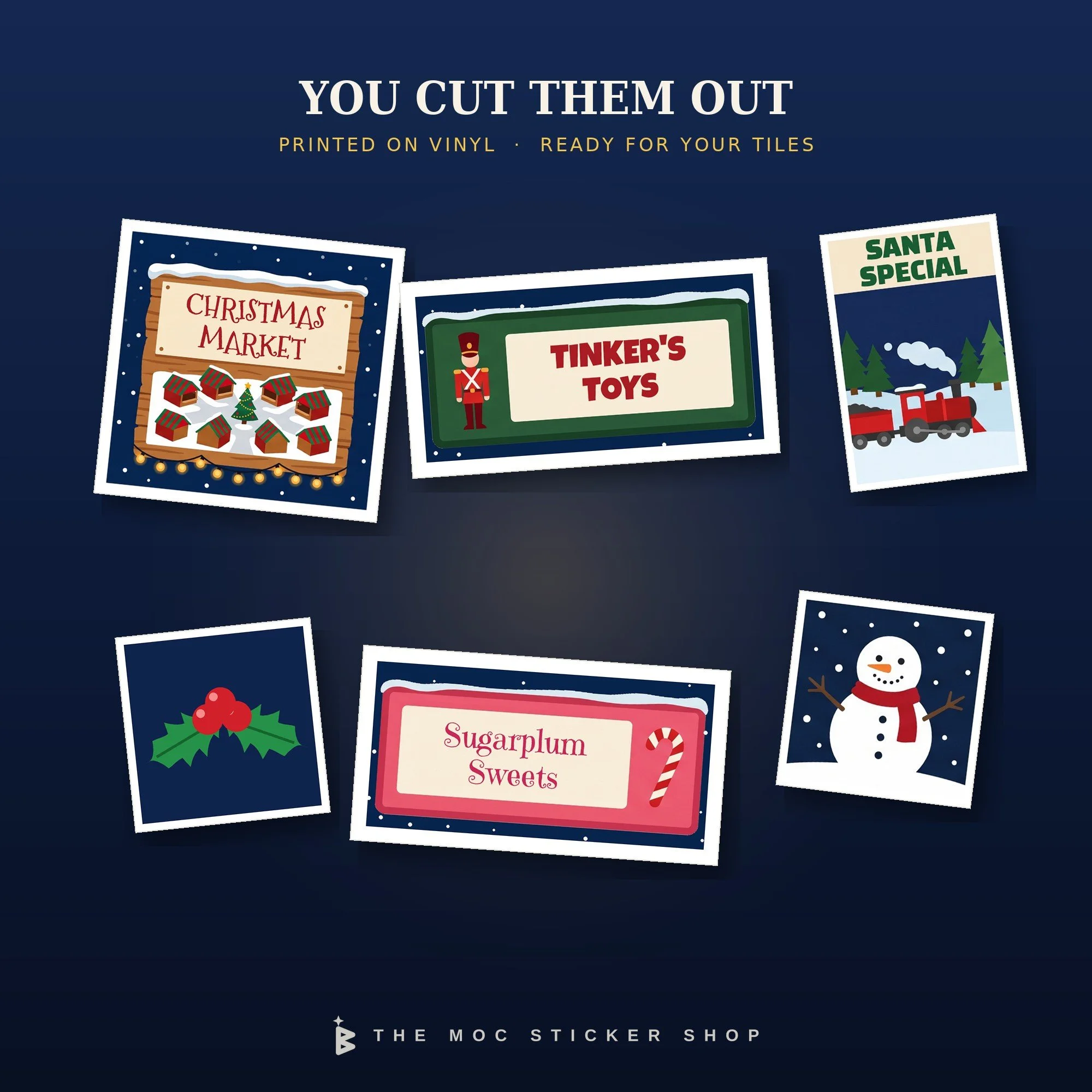 Six cut-out Christmas stickers: a Christmas Market board, the Tinker’s Toys sign, a Santa Special poster, a holly sprig, Sugarplum Sweets and a snowman.