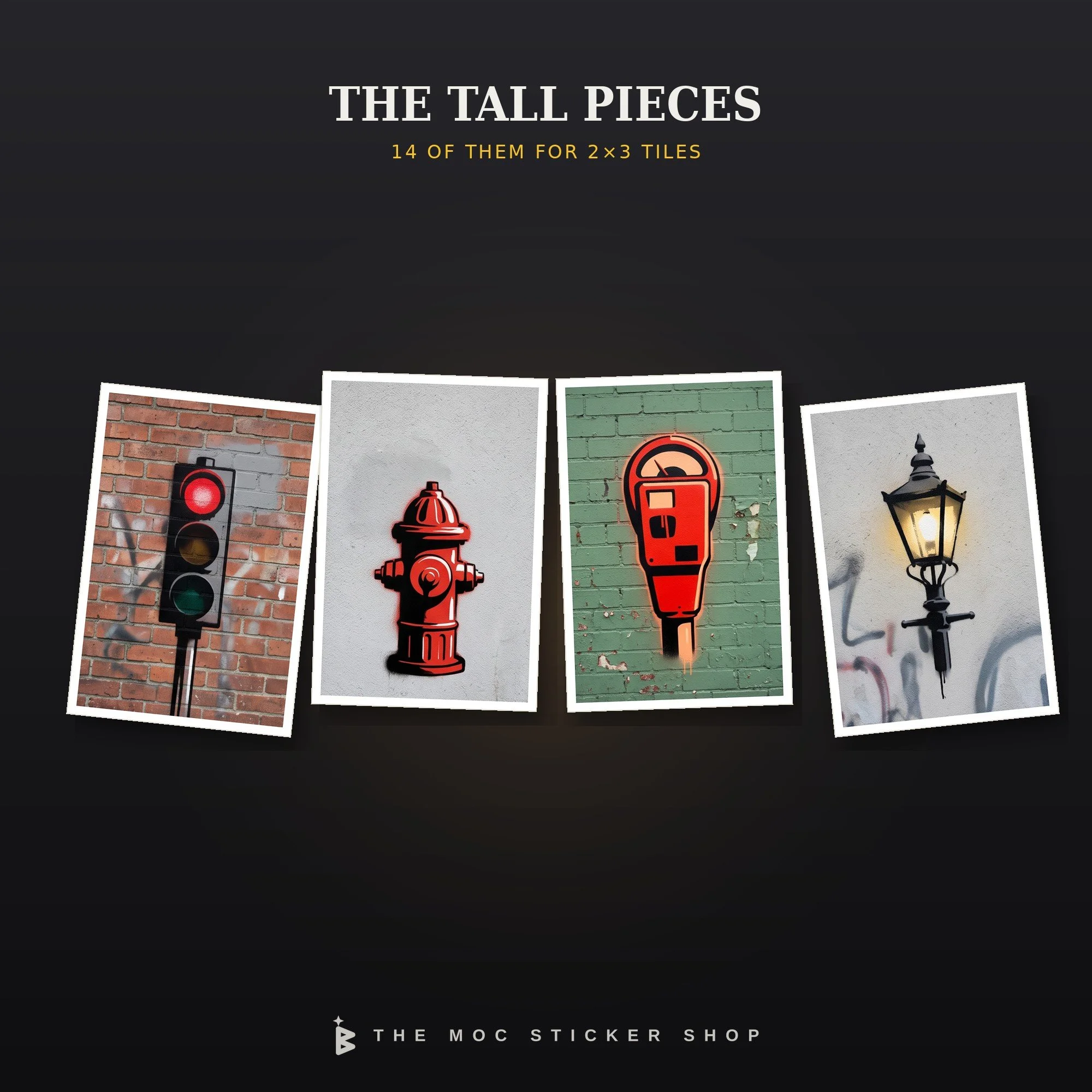 Four tall graffiti stickers for 2x3 LEGO tiles: a traffic light, a fire hydrant, a parking meter and a street lamp, each painted on brick or concrete