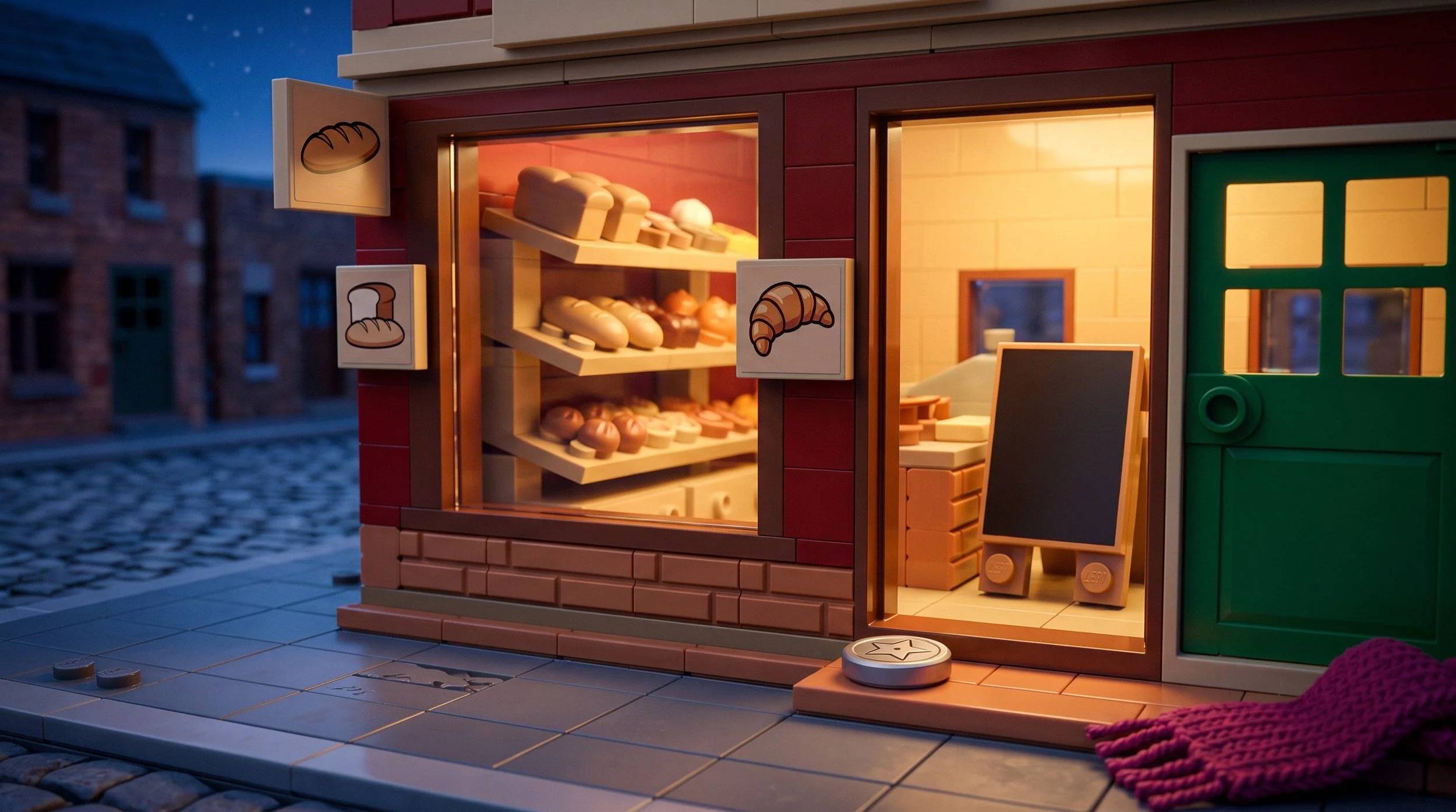 Illustration of a LEGO modular bakery shop front before dawn, window shelves full of bread, picture signs of a loaf and a croissant, and a chalkboard by the door