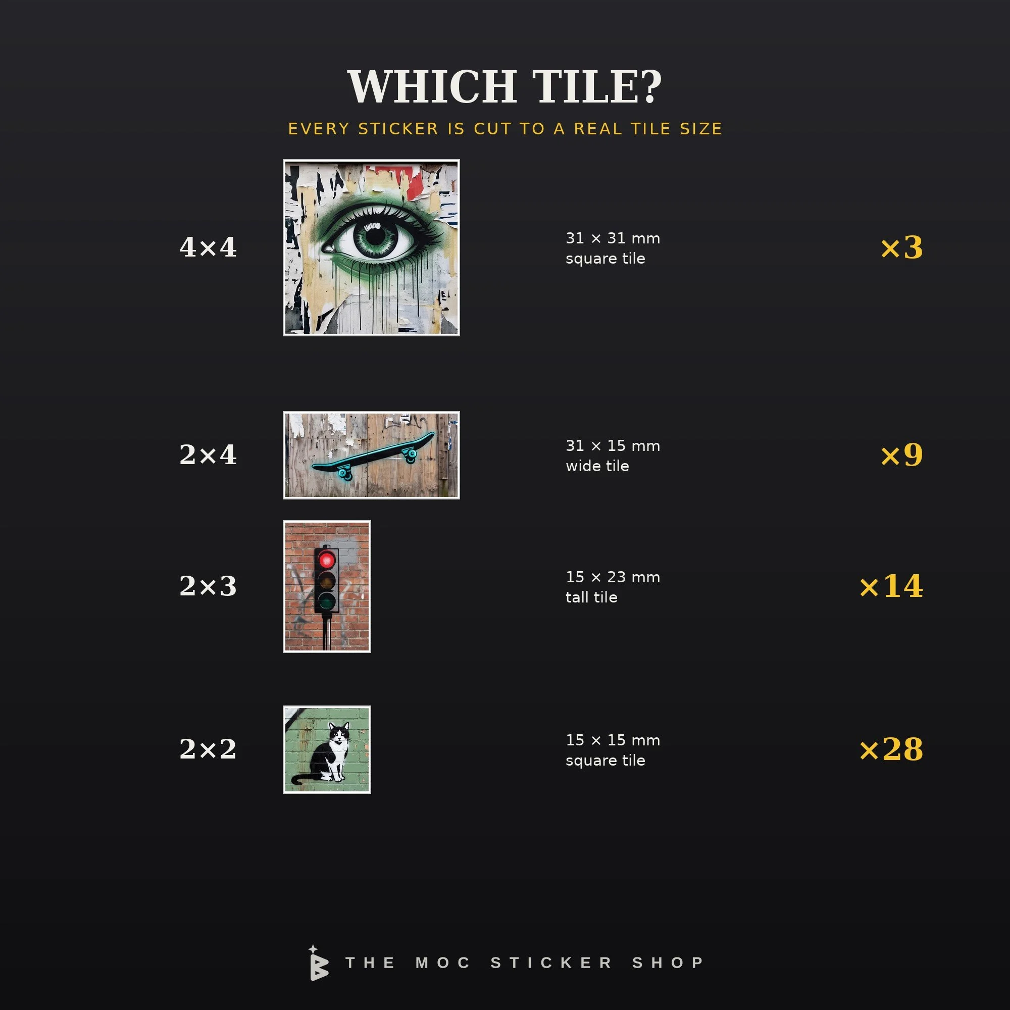 Tile size guide: 3 stickers for 4x4 tiles, 9 for 2x4 tiles, 14 for 2x3 tiles and 28 for 2x2 tiles, each shown at its real proportions.