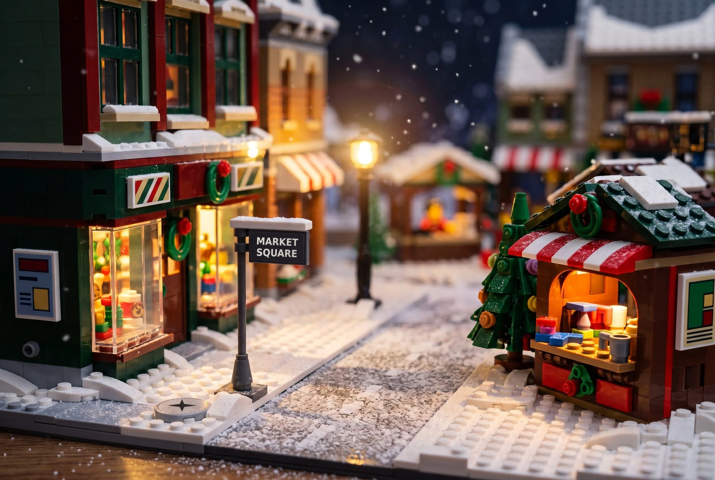 Illustration of a snowy LEGO city street at night with a Christmas market stall, lit shop windows and a snow-capped Market Square street sign