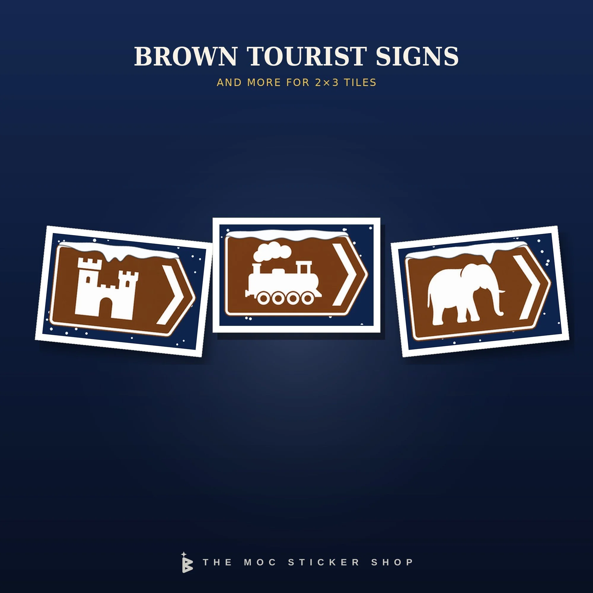 Three snowy brown tourist signs for 2x3 tiles: a castle, a steam railway and a zoo.