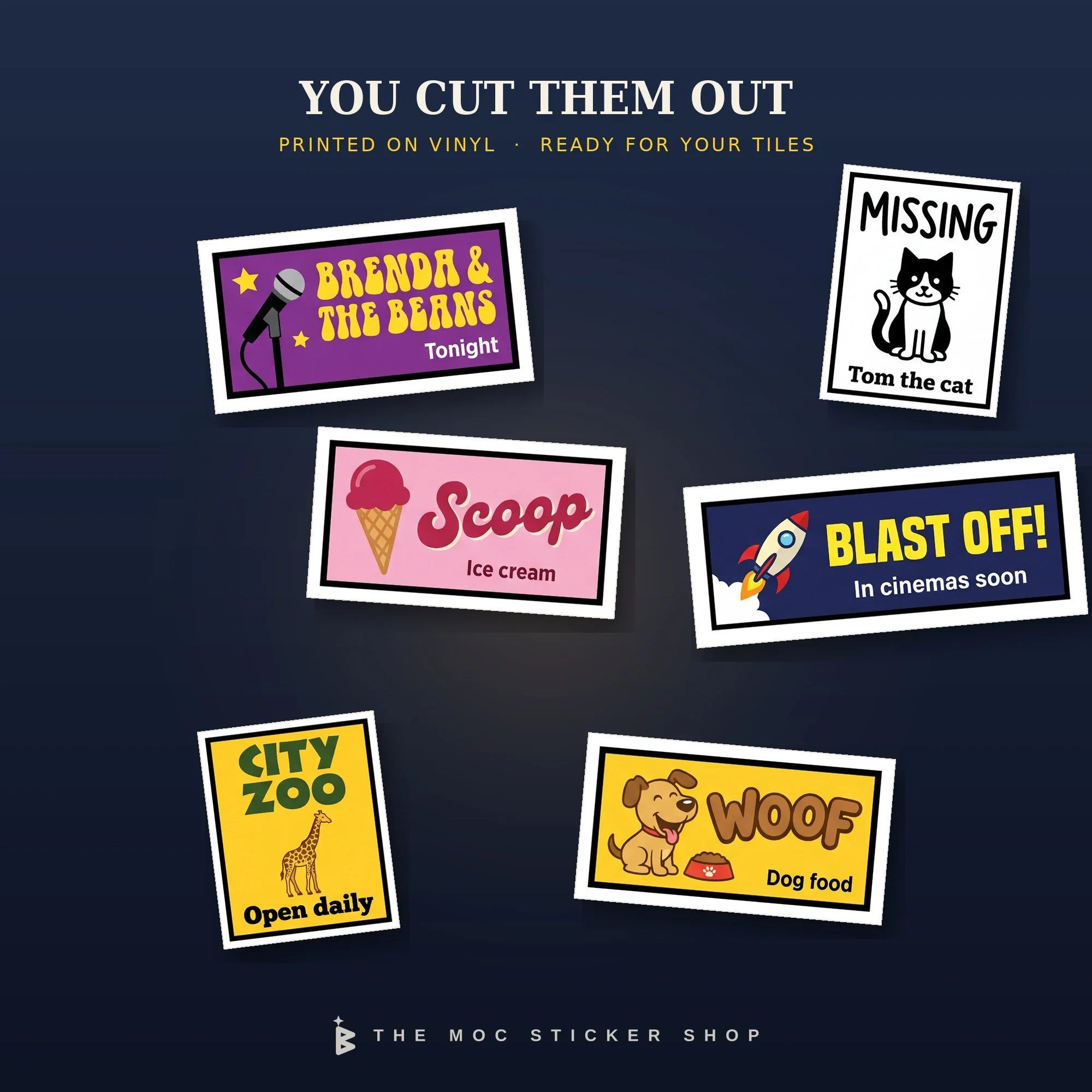 Six cut-out advert stickers: Brenda & the Beans tonight, a missing cat poster, Scoop ice cream, a Blast Off! film hoarding, City Zoo and Woof dog food.