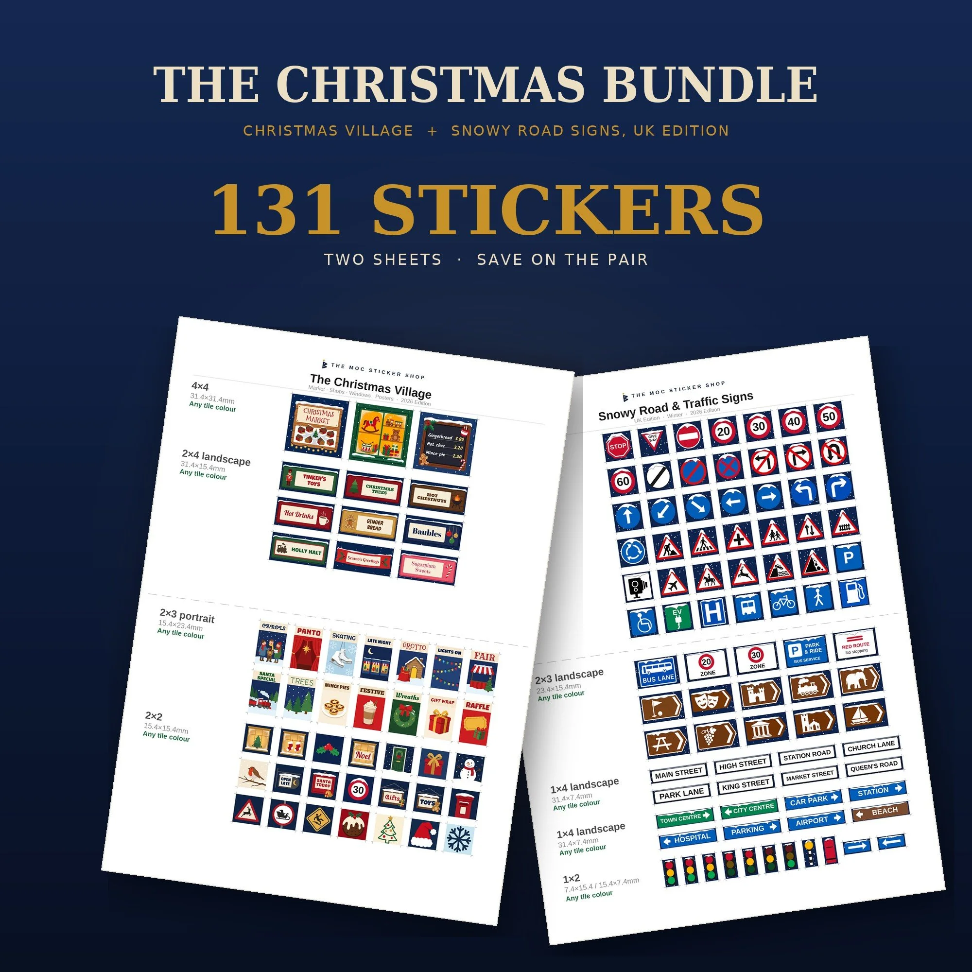 Christmas sticker bundle for LEGO tiles: The Christmas Village and Snowy Road Signs UK Edition, two A4 sheets, 131 stickers.