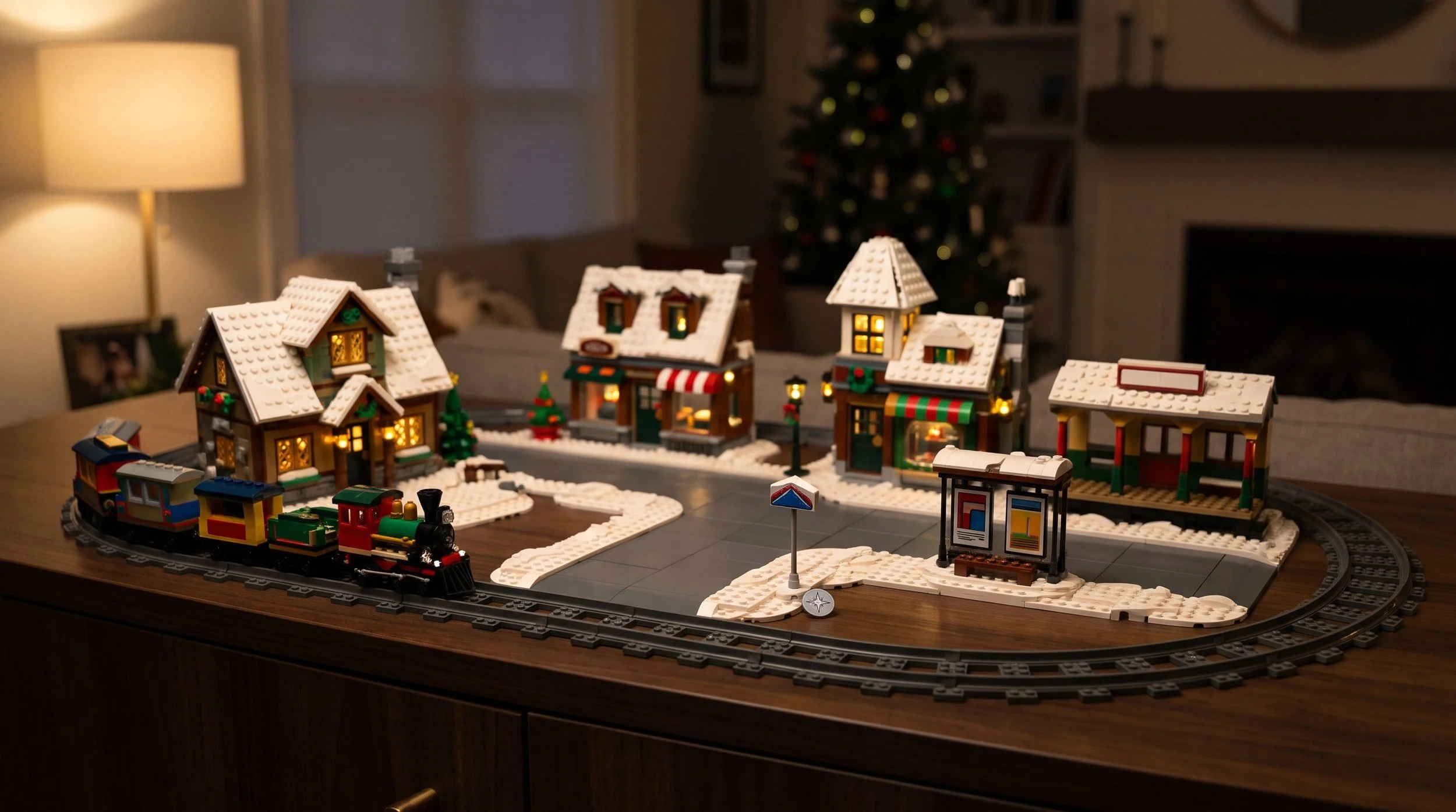 Illustration of a LEGO Christmas village on a wooden sideboard at night, separate snowy buildings joined by a tiled road with a road sign and bus shelter posters, and a steam train on a loop of track at the front.