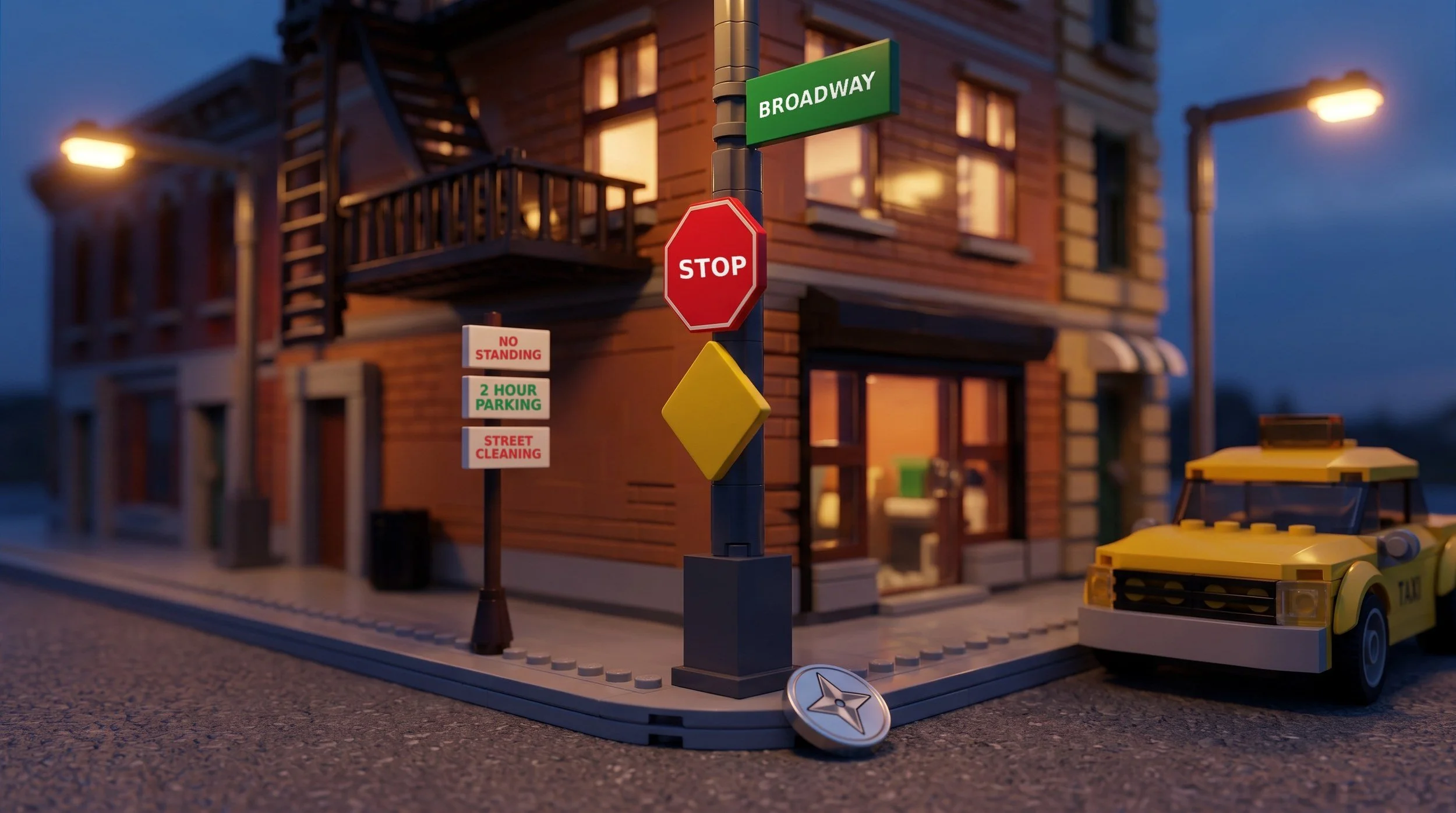 Illustration of a brick-built New York street corner at dusk with a STOP sign, a yellow diamond warning sign, a green Broadway street sign and a stack of parking signs on flat tiles.