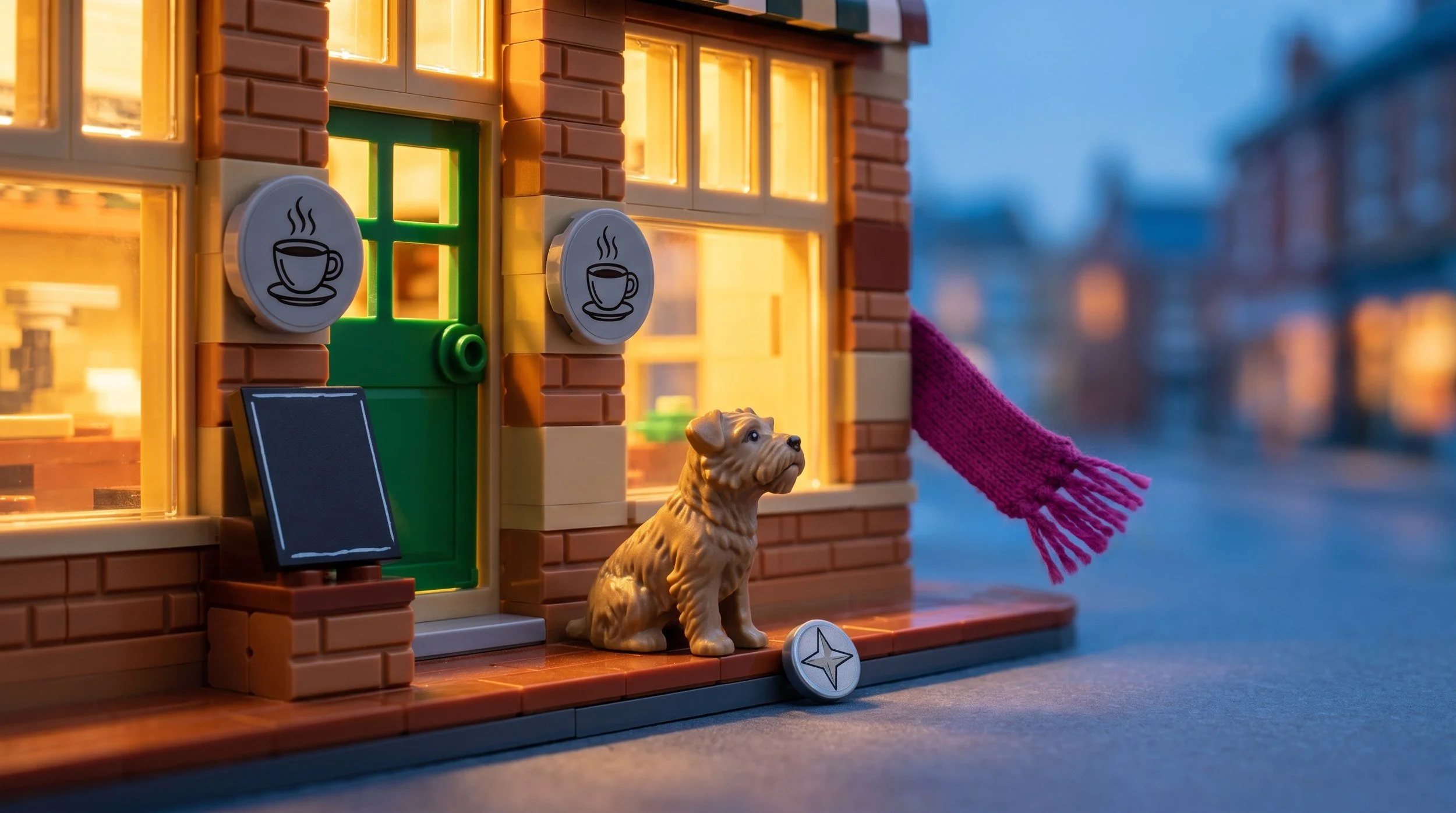 Illustration of a small tan terrier sitting on a LEGO café doorstep at dawn, looking up the street, with a chalkboard and coffee cup signs by the door