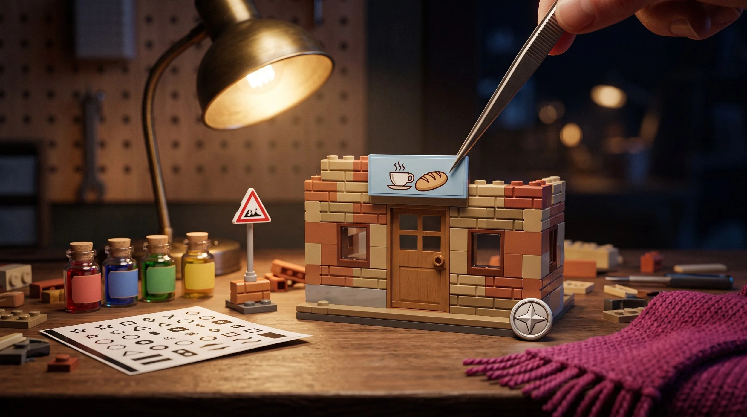 Illustration of detailing a LEGO MOC at a workbench: tweezers placing a sign tile on a small brick-built shop front, with labelled potion jars, a road sign and a sticker sheet nearby
