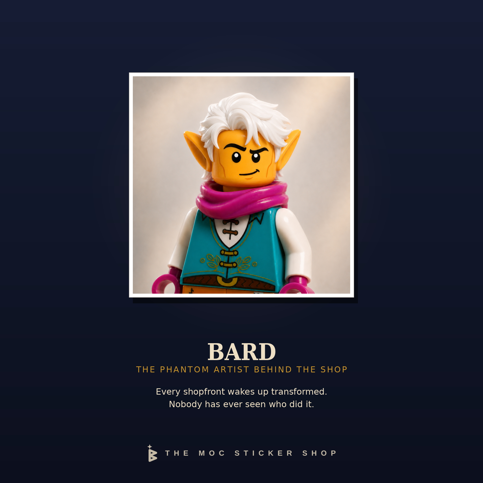 Bard, the phantom artist behind The MOC Sticker Shop, as a LEGO minifigure