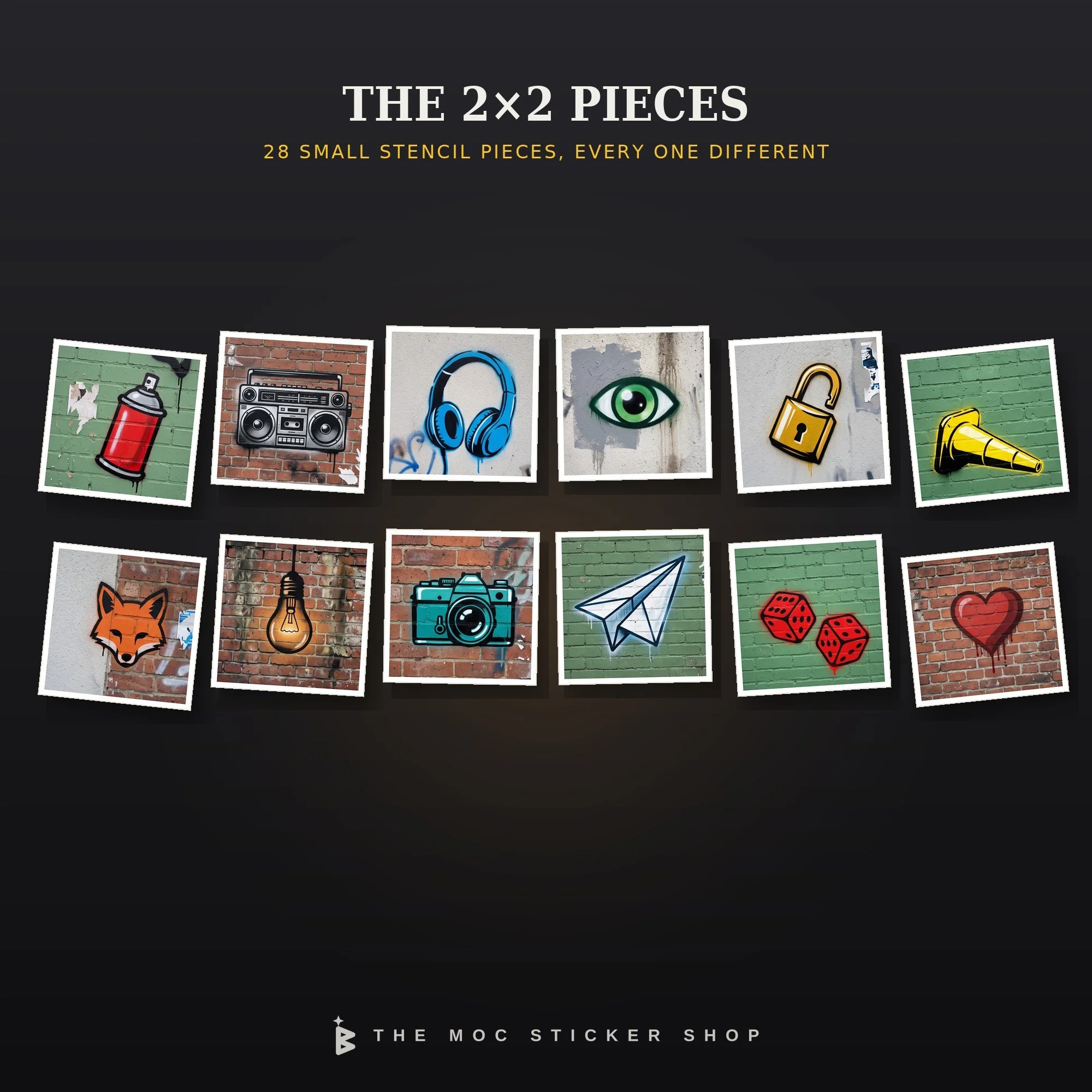 Twelve of the 28 stencil stickers for 2x2 tiles: spray can, boombox, headphones, eye, padlock, traffic cone, fox, light bulb, camera, paper plane, dice and a dripping heart.