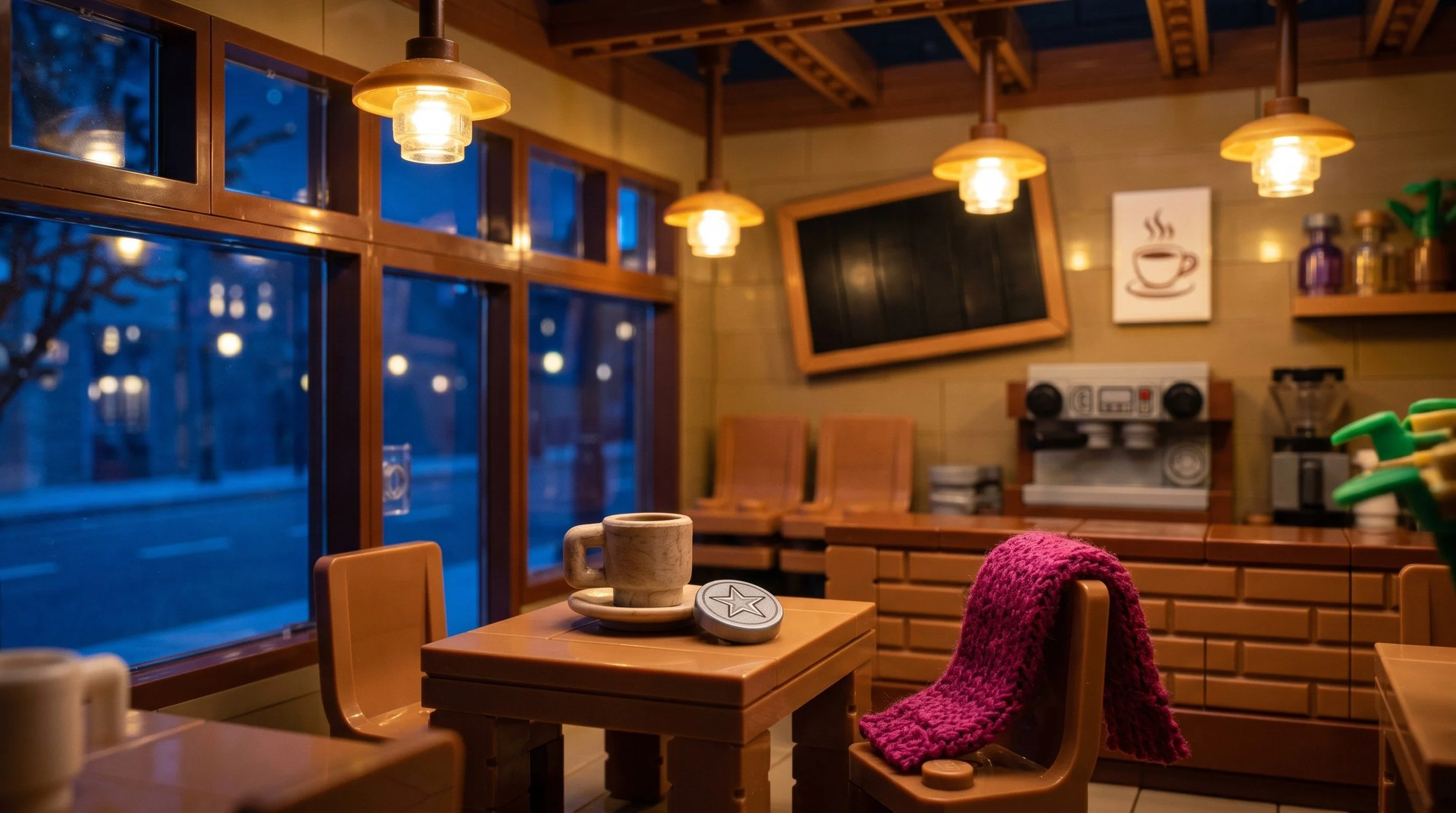 Illustration of a LEGO modular café interior after closing, with a chalkboard menu, a coffee cup poster, an espresso machine and a mug left out on a table