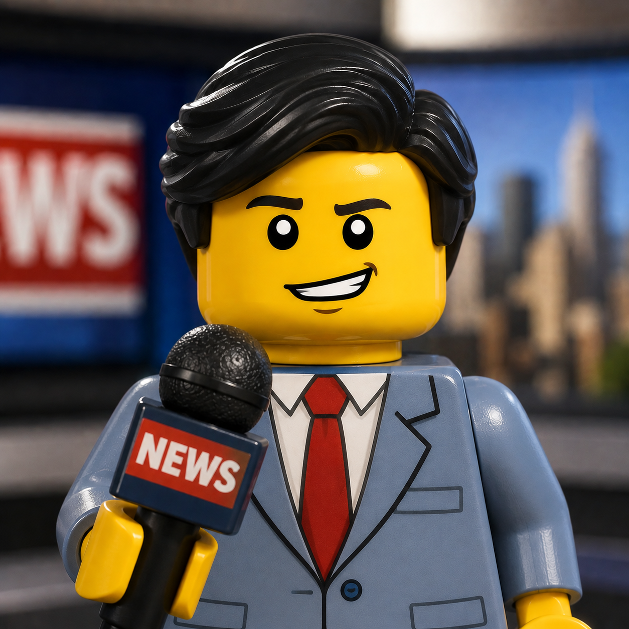 Rick the Reporter with his NEWS microphone, the LEGO news anchor who fronts the Screens sheet