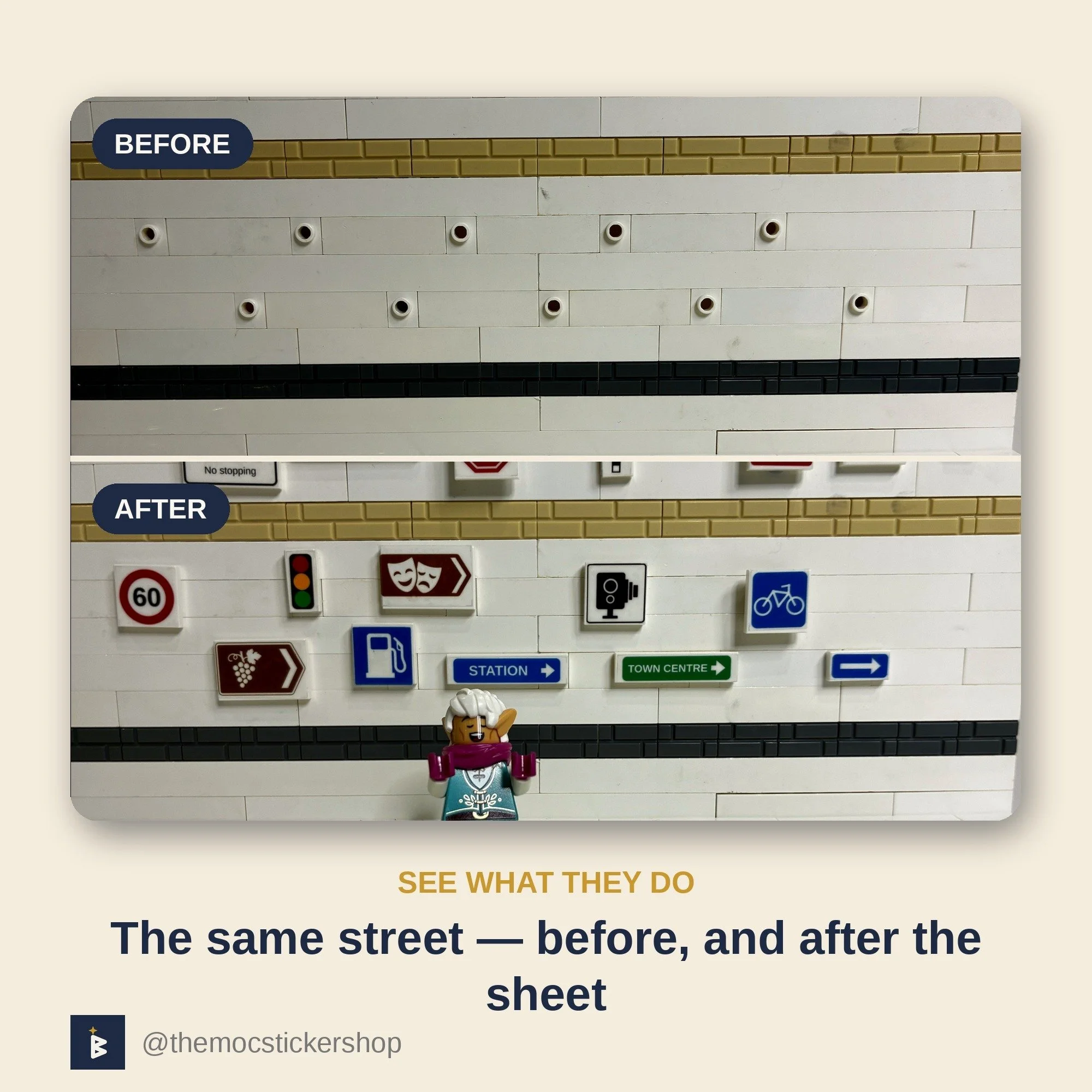 Before and after, the same LEGO street corner shown bare, then dressed with road sign decals.