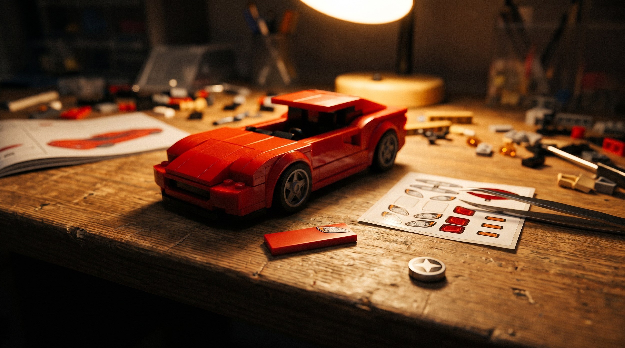 Illustration of a red brick-built sports car on a workbench at night beside a sheet of replacement headlight and tail light stickers.