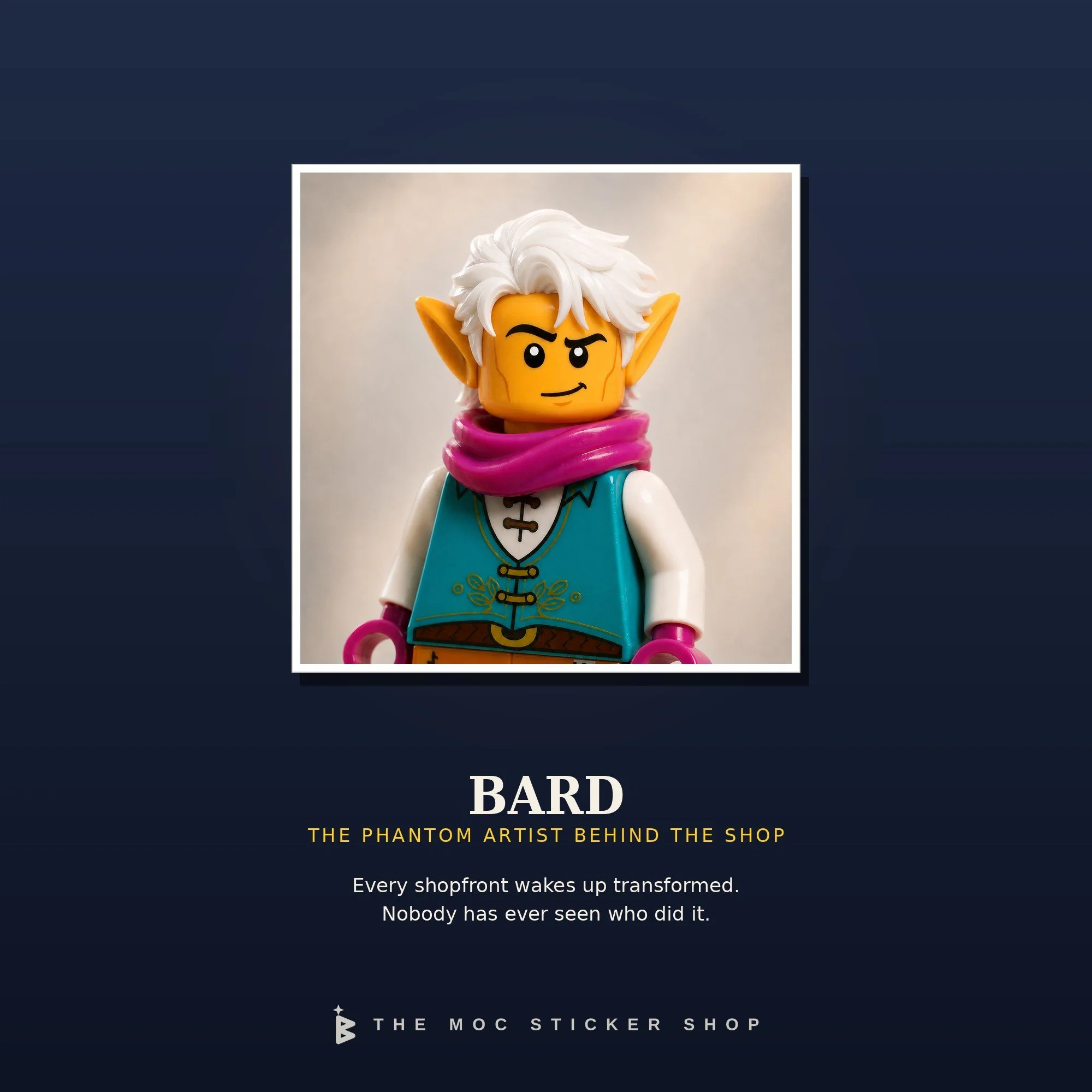 Bard, the phantom artist behind The MOC Sticker Shop, a minifigure with white hair, pointed ears and a magenta scarf.