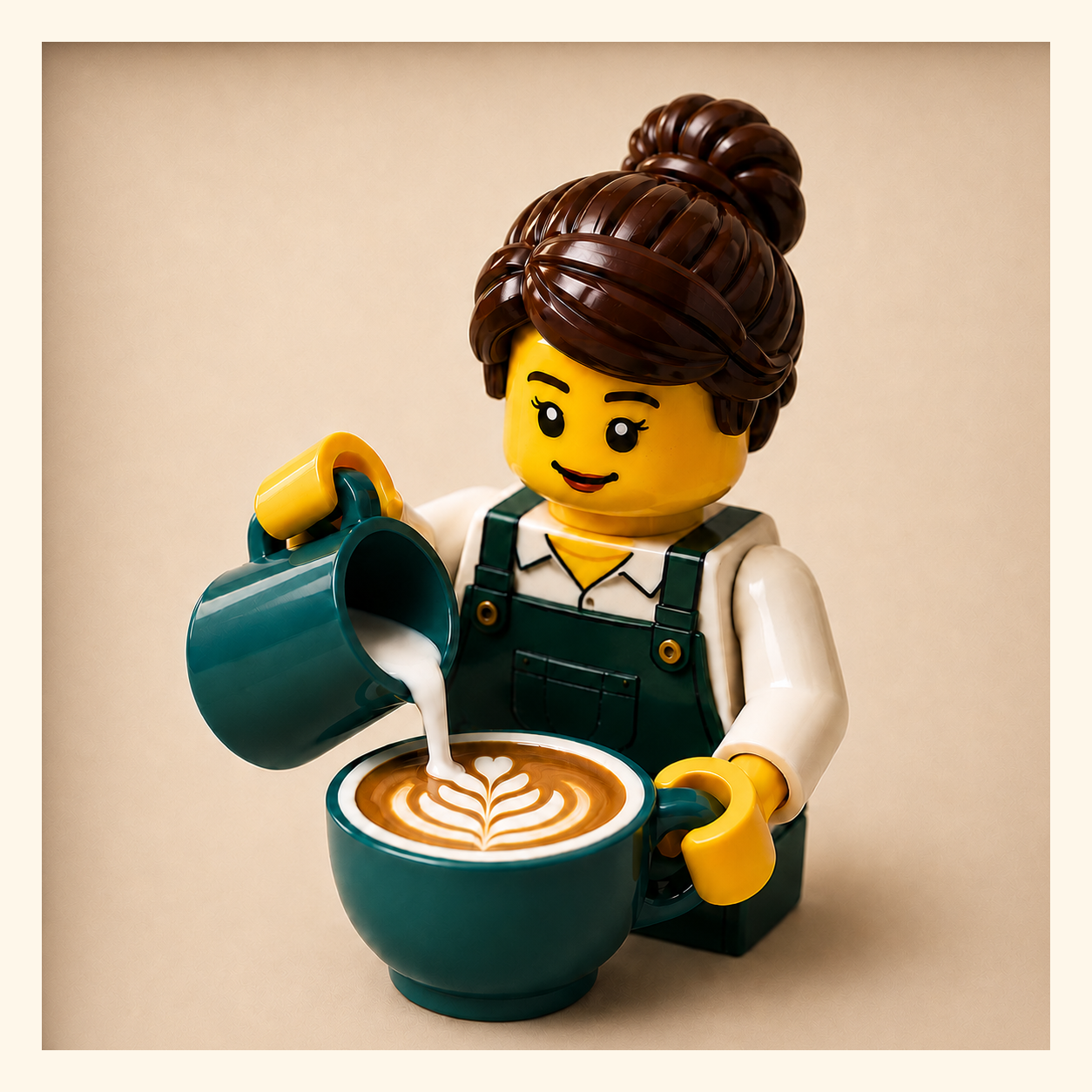 Brenda the barista pouring latte art, the LEGO minifigure who runs The Daily Grind coffee shop