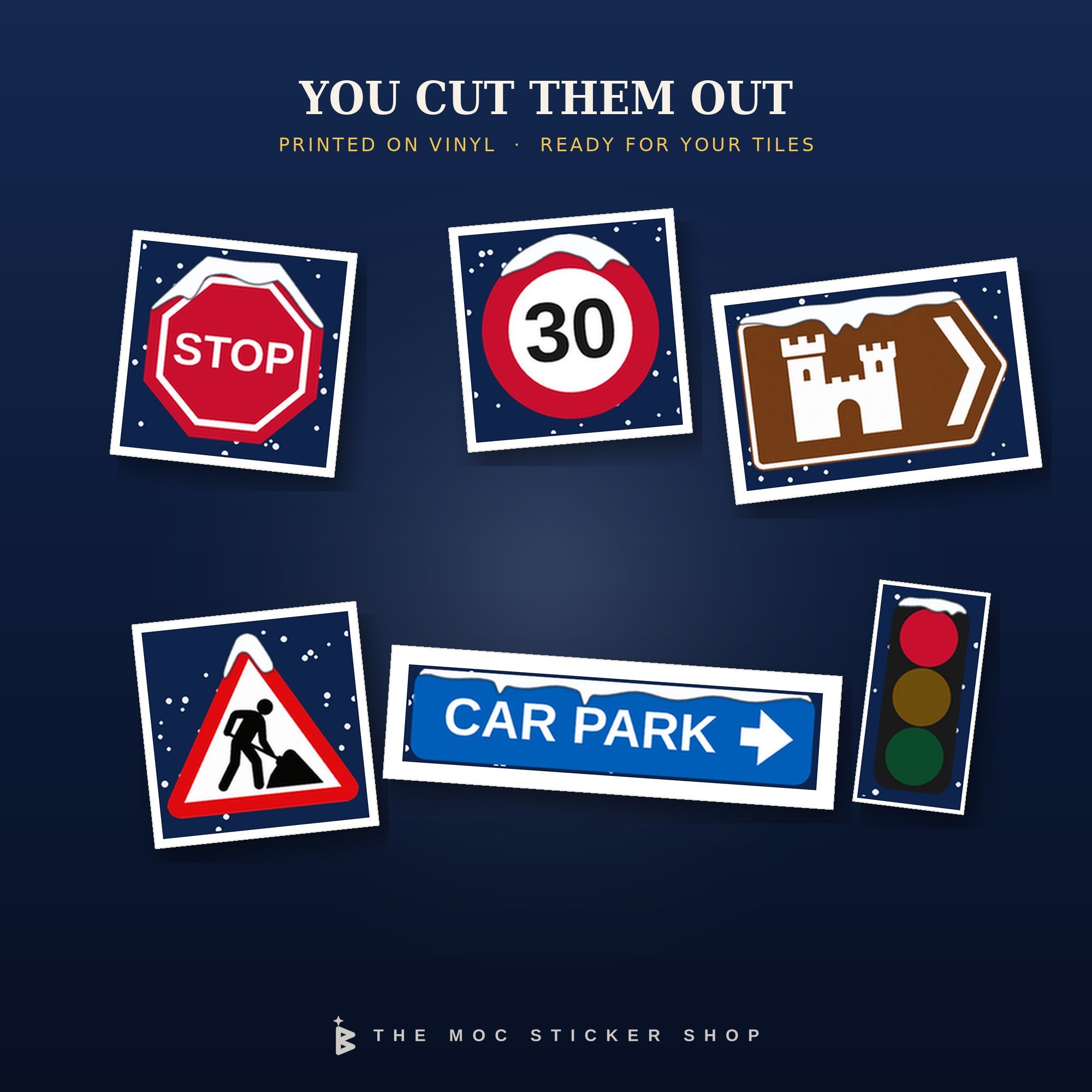 Six cut-out snowy road sign stickers: a stop sign, a 30 limit, a brown castle sign, roadworks, a car park direction sign and a traffic light.