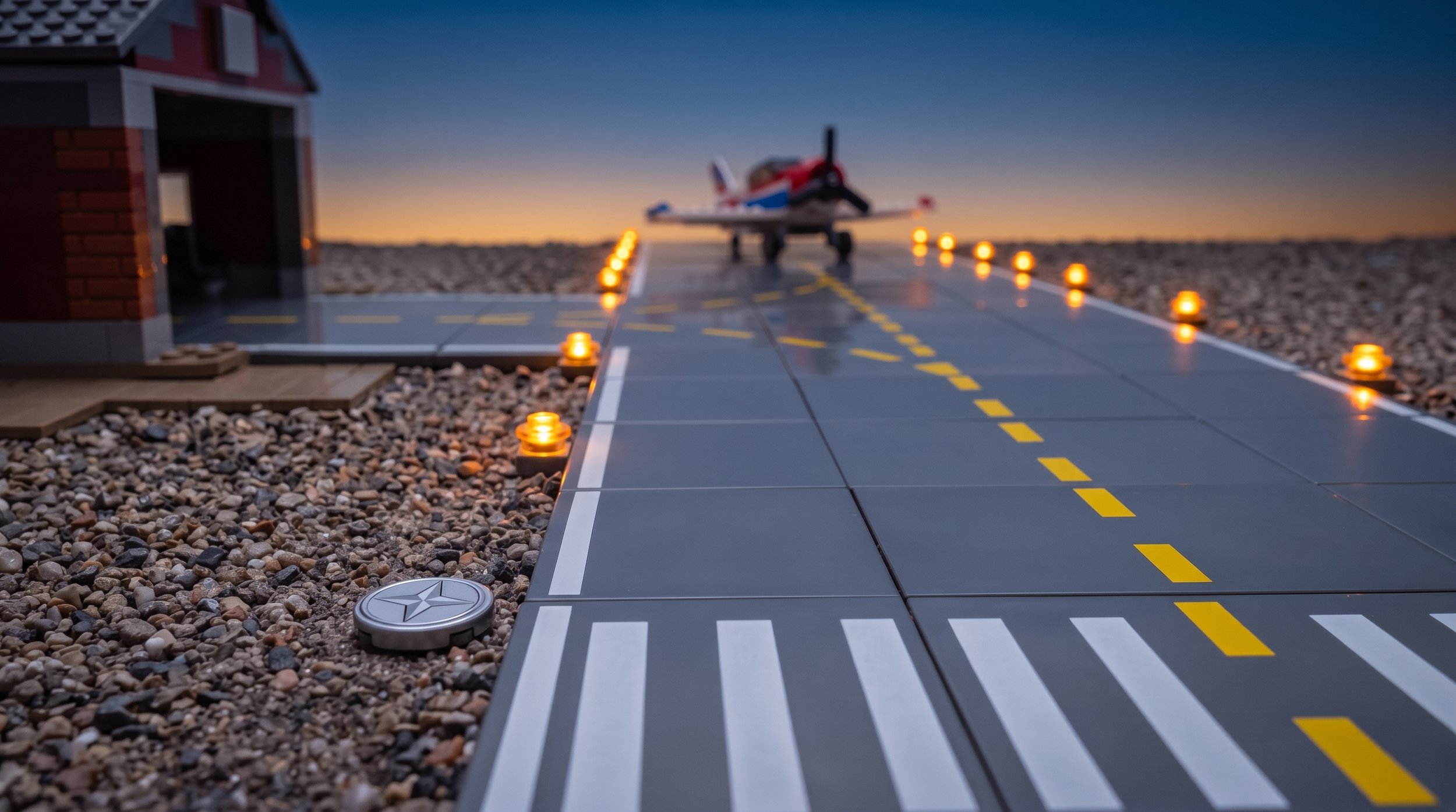 Illustration of a LEGO airfield runway at dusk made of grey tiles, with dashed yellow centreline stickers broken at the tile seams, runway lights glowing and a small propeller plane waiting at the far end