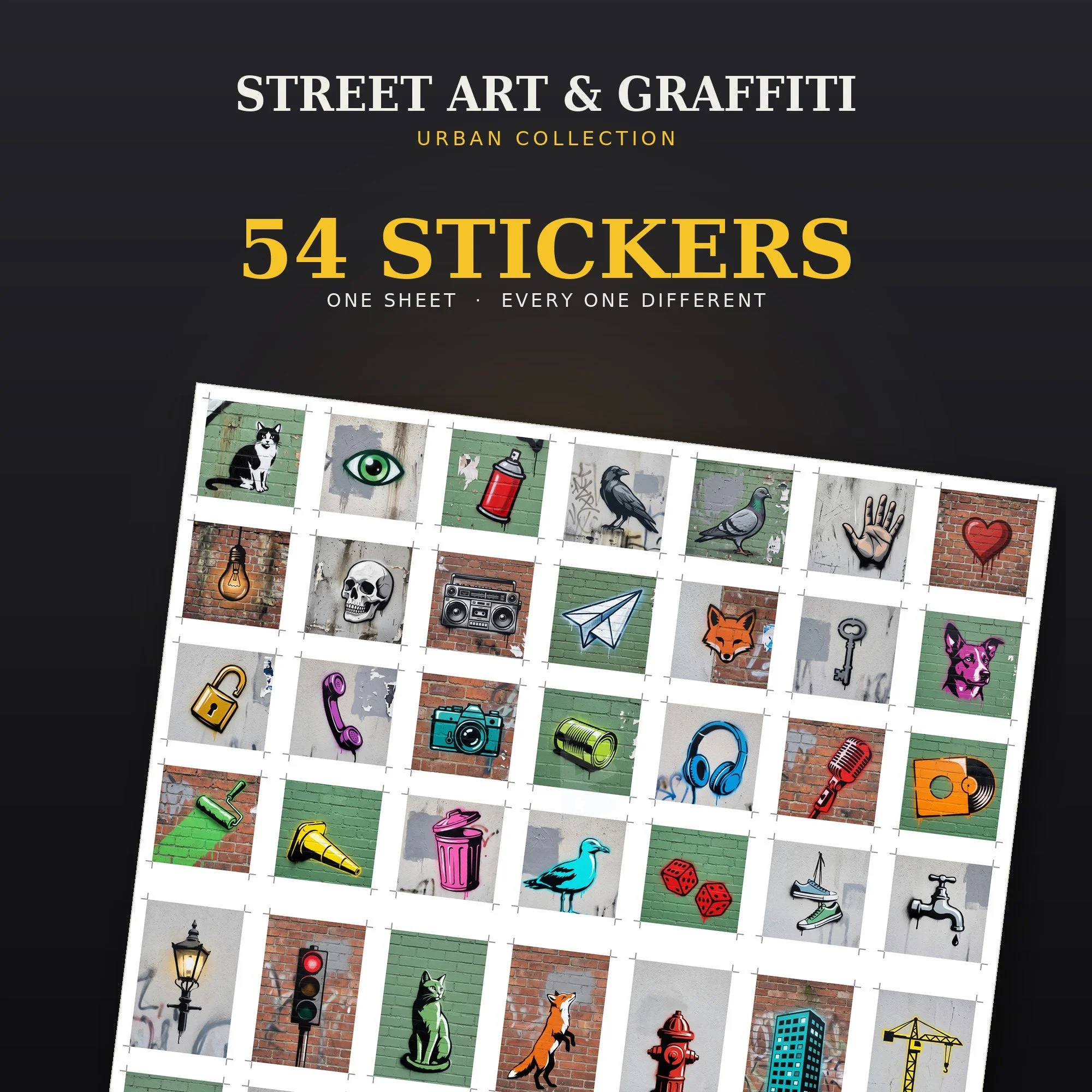 Street Art & Graffiti sticker sheet for LEGO tiles, 54 stickers: small stencil pieces including a cat, spray can, boombox, fox and padlock, above a street lamp, traffic light and fire hydrant.
