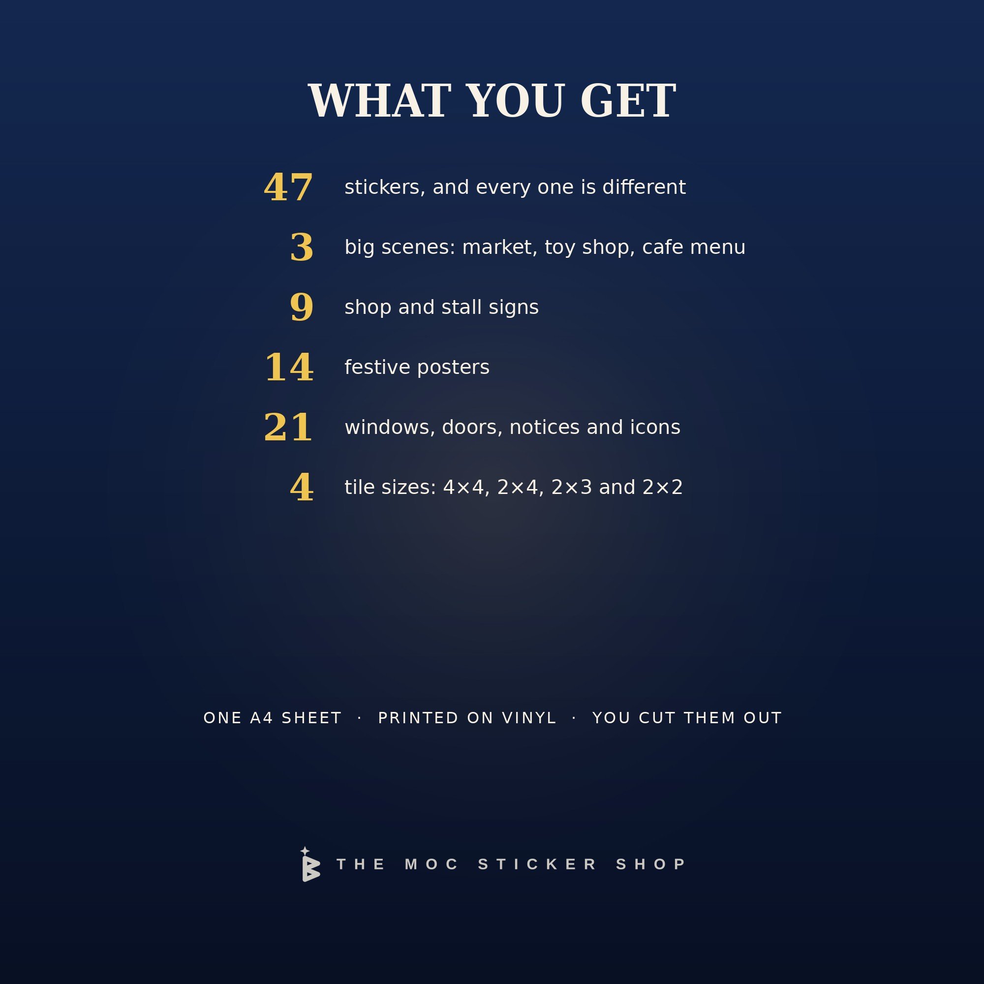 What you get: 47 Christmas stickers on one A4 vinyl sheet that you cut out yourself: 3 big scenes, 9 shop signs, 14 posters and 21 windows, doors, notices and icons.