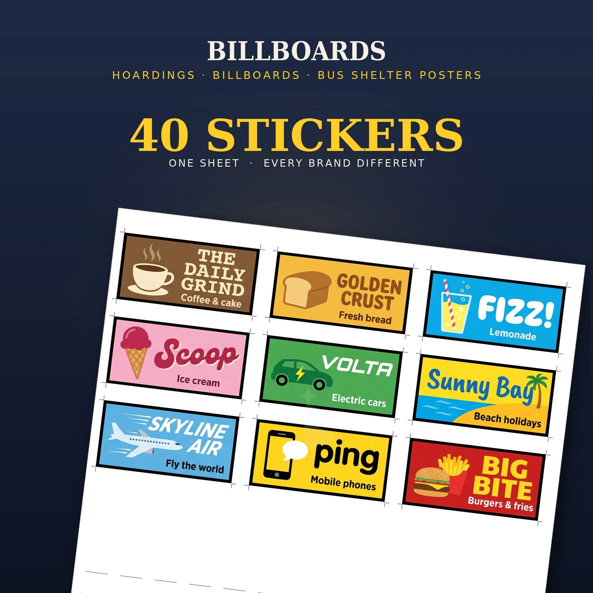 Billboards sticker sheet for LEGO tiles, 40 adverts for made-up brands including The Daily Grind, Fizz!, Scoop, Volta, Sunny Bay, Skyline Air, ping and Big Bite.