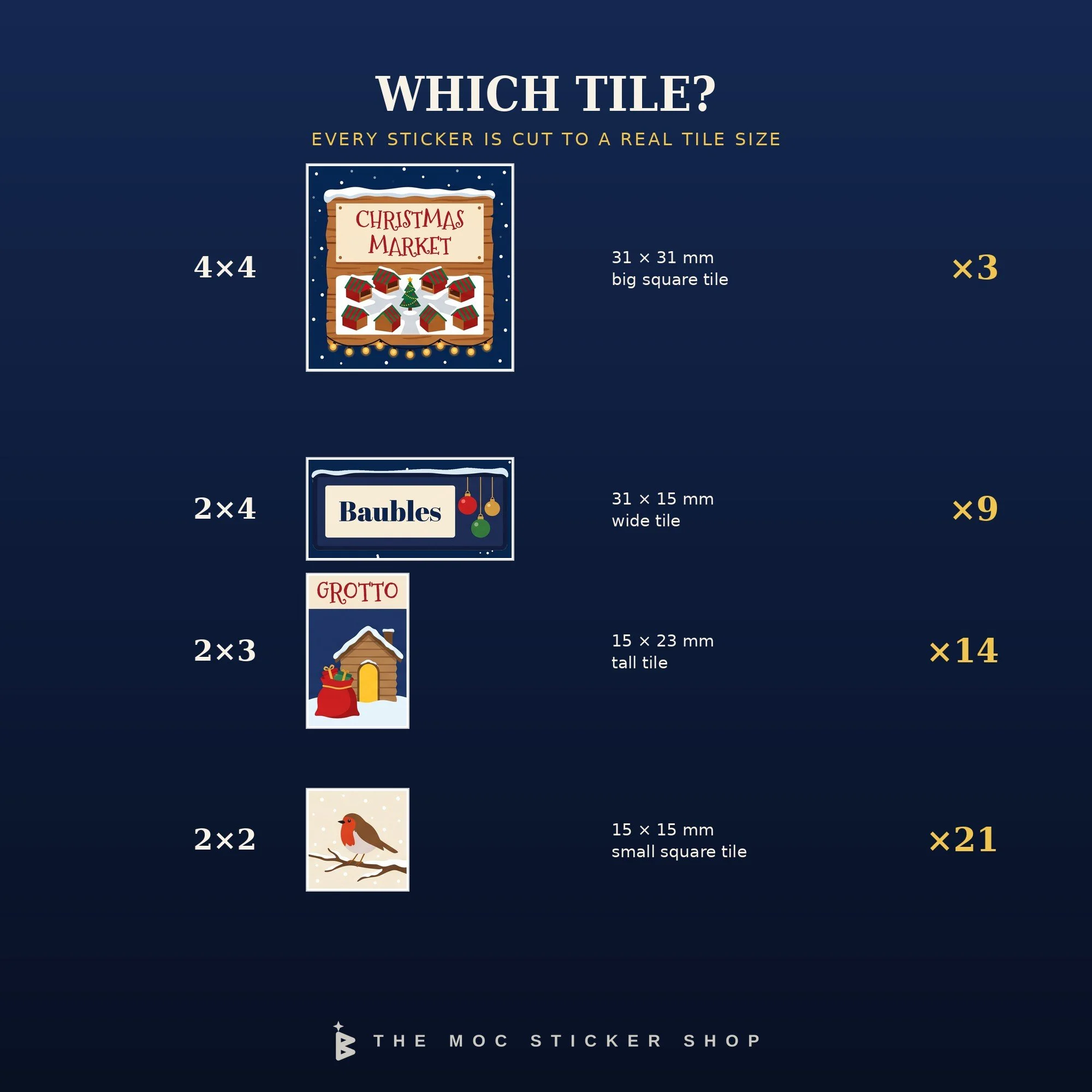 Tile size guide: 3 stickers for 4x4 tiles, 9 shop signs for 2x4 tiles, 14 posters for 2x3 tiles and 21 small designs for 2x2 tiles.