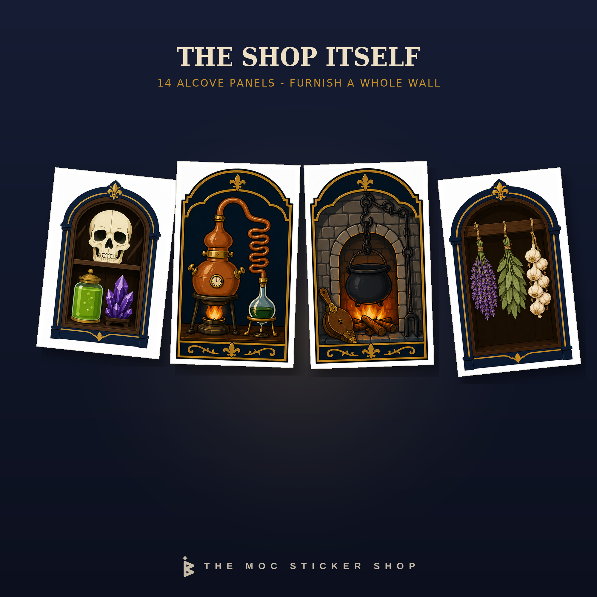 Four LEGO apothecary alcove panel stickers: a skull shelf, a copper still, a cauldron over a fire and hanging drying herbs