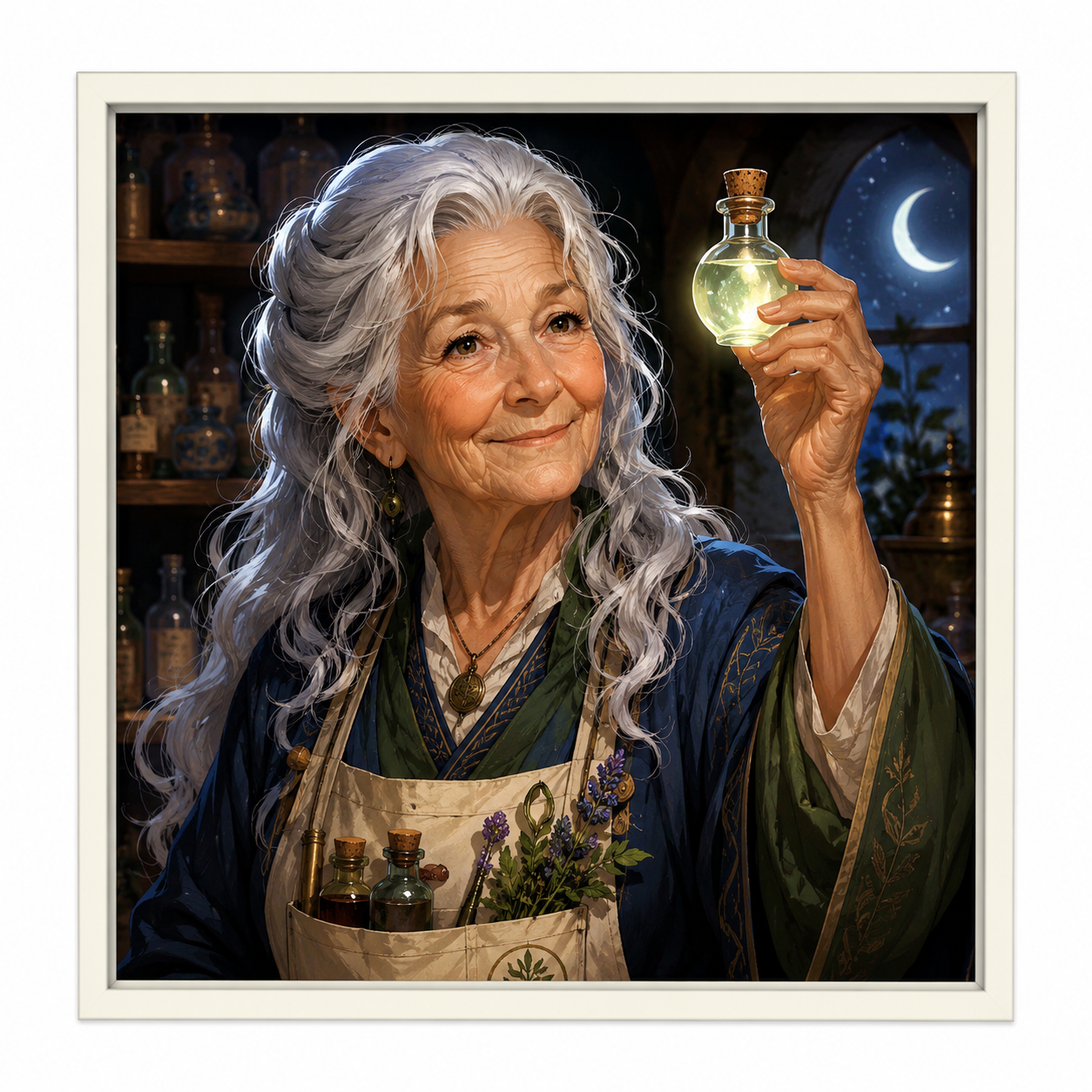 Morwenna Sage holding a glowing potion, the apothecary who keeps The Last Light Apothecary