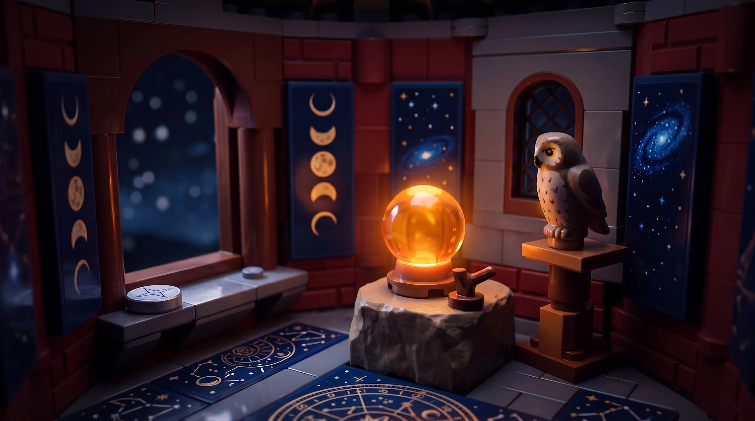 Illustration of a LEGO wizard tower room at night lit by a glowing crystal ball, with an owl on a perch, moon phase and galaxy tiles on the walls and star chart tiles on the floor