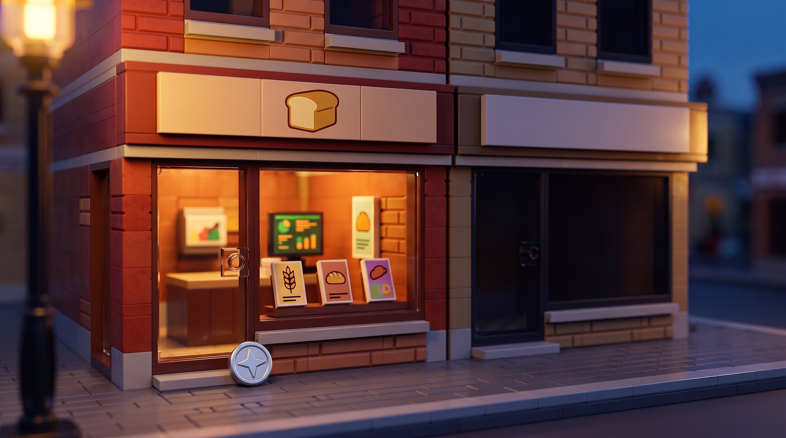 Illustration of two LEGO modular shop buildings side by side at dusk, one finished with a bakery fascia sign, window cards and a lit interior screen, the other bare with a blank fascia and dark windows