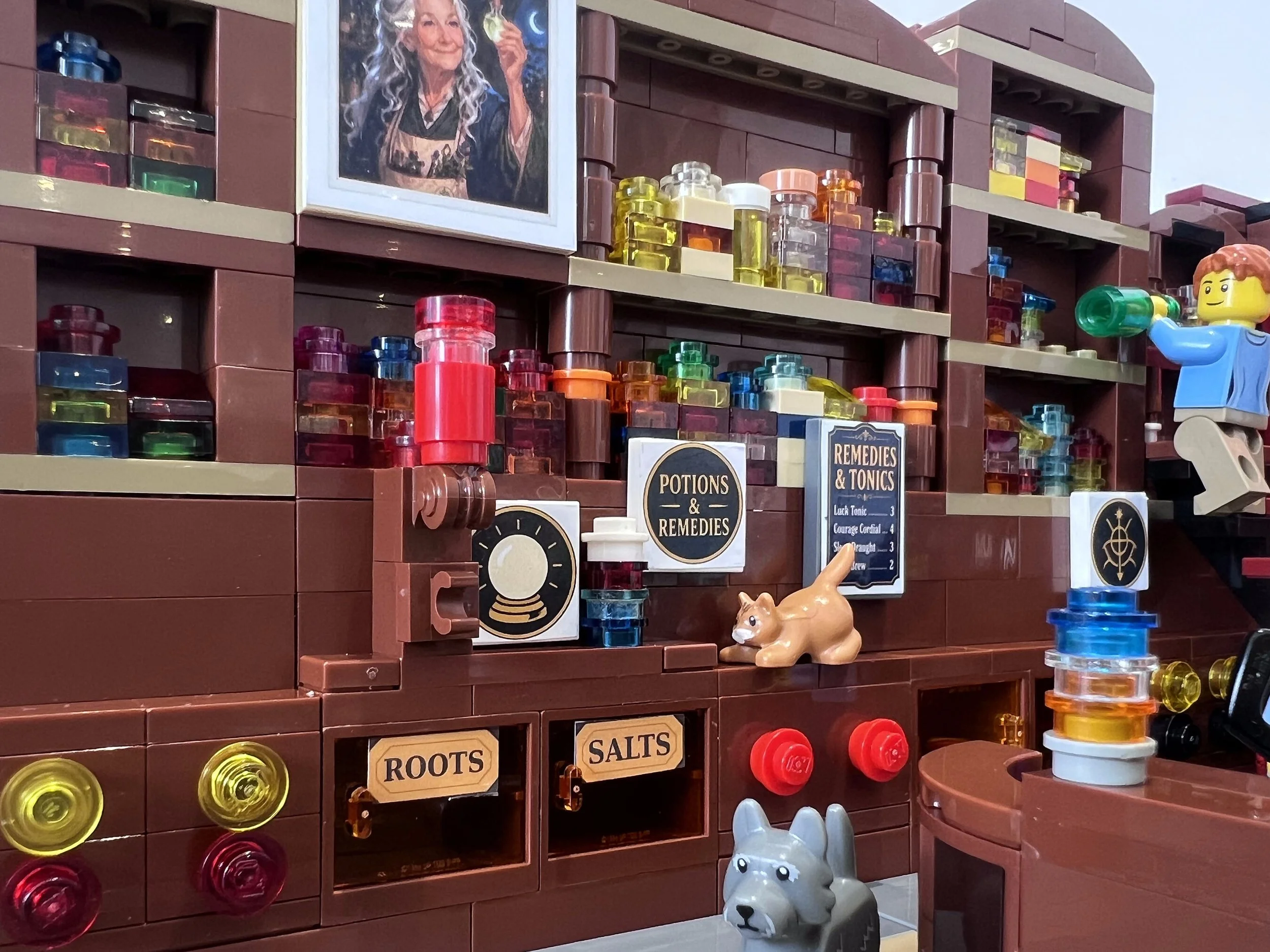 LEGO potion labels disagreeing with each other along an apothecary shelf, under a framed portrait of Morwenna Sage